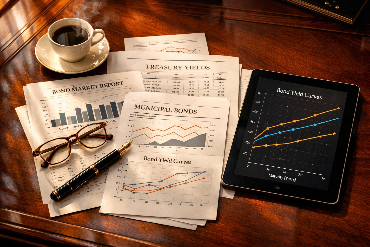Fixed income investment strategy documents showing bond yields and treasury notes on desk