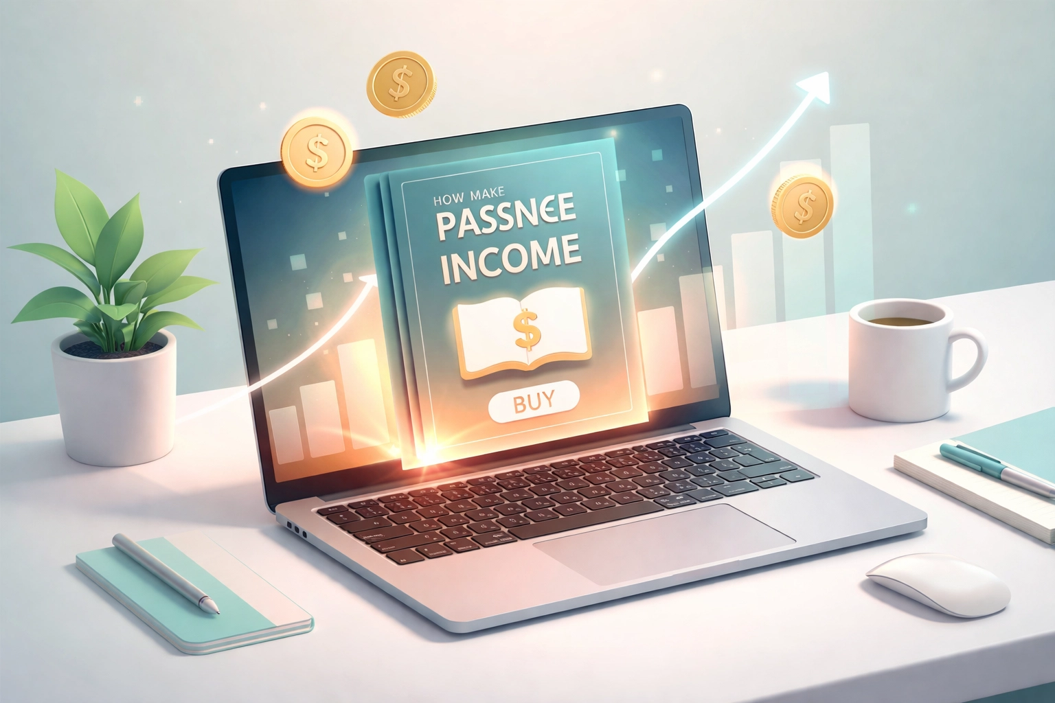 Laptop on minimalist desk displaying eBook sales and floating coins, visualizing passive income from digital products online