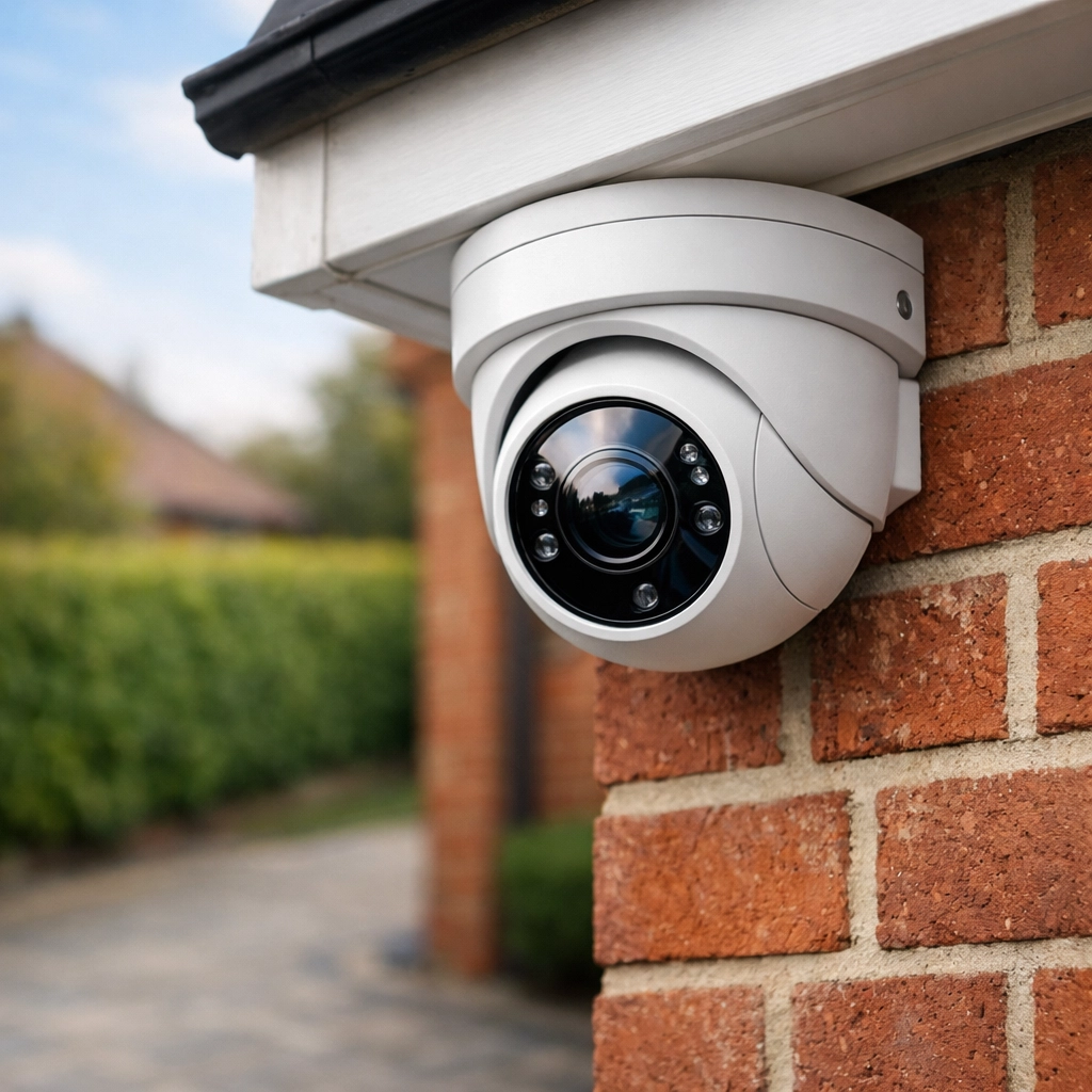 Modern white CCTV camera installed on a red-brick house in Earley for professional home security.