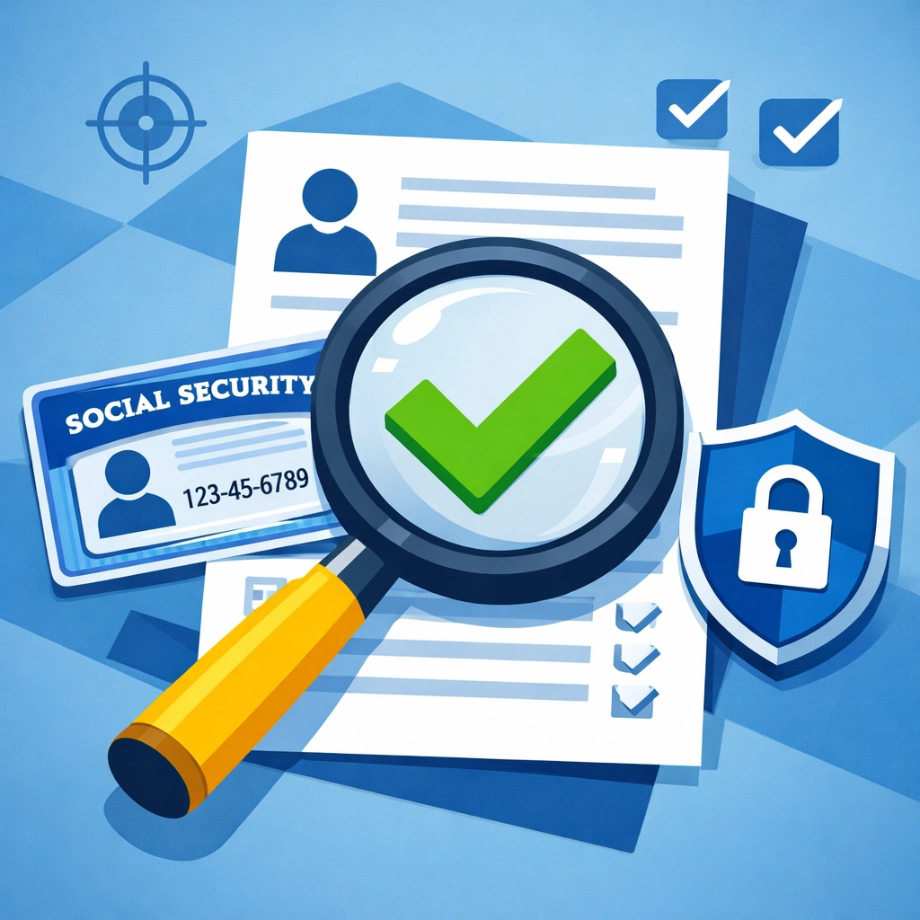 A magnifying glass inspecting a tax document and Social Security card icon for filing accuracy.