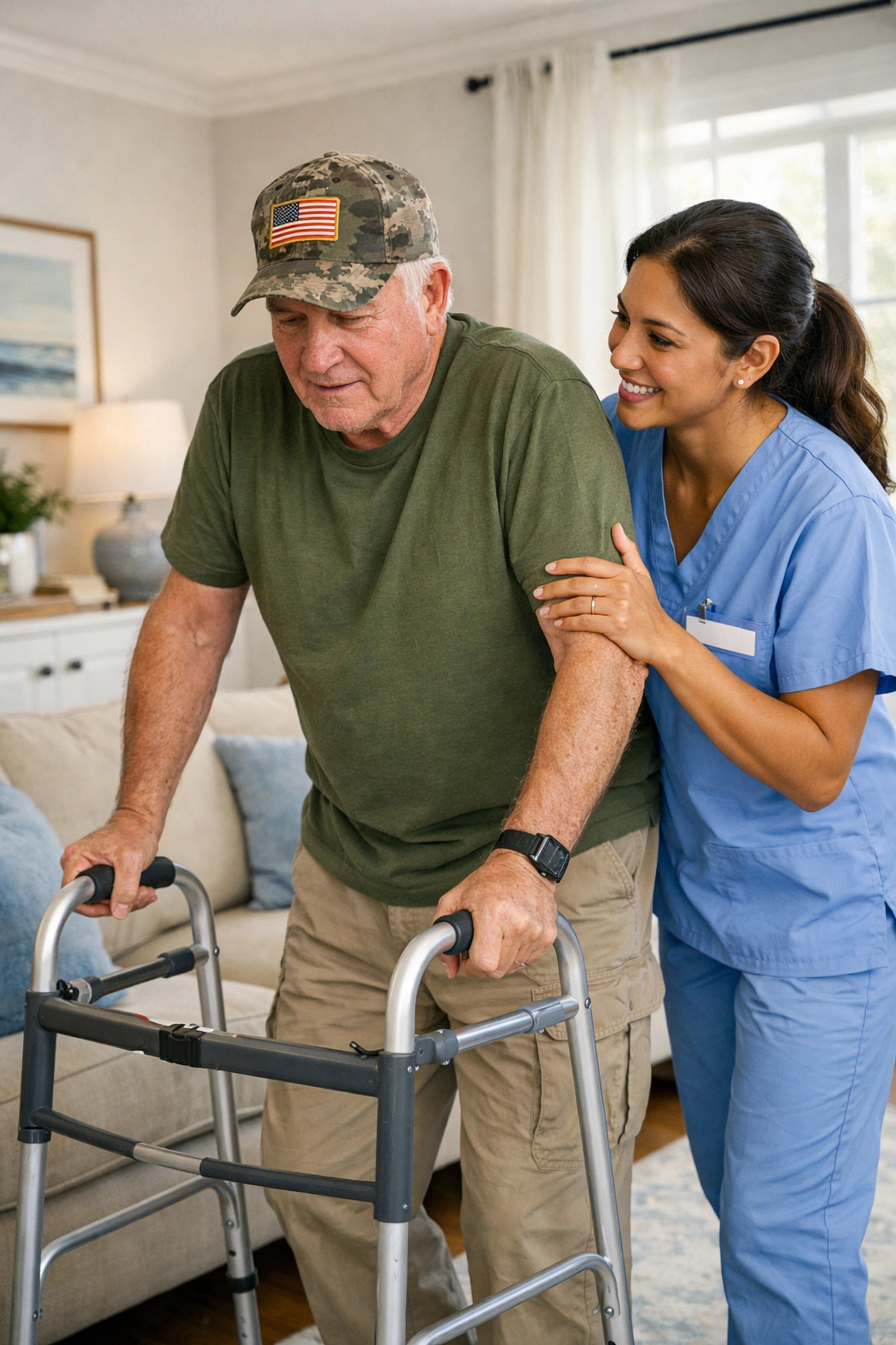 Caregiver providing mobility assistance to a veteran using a walker at home in Fauquier County.