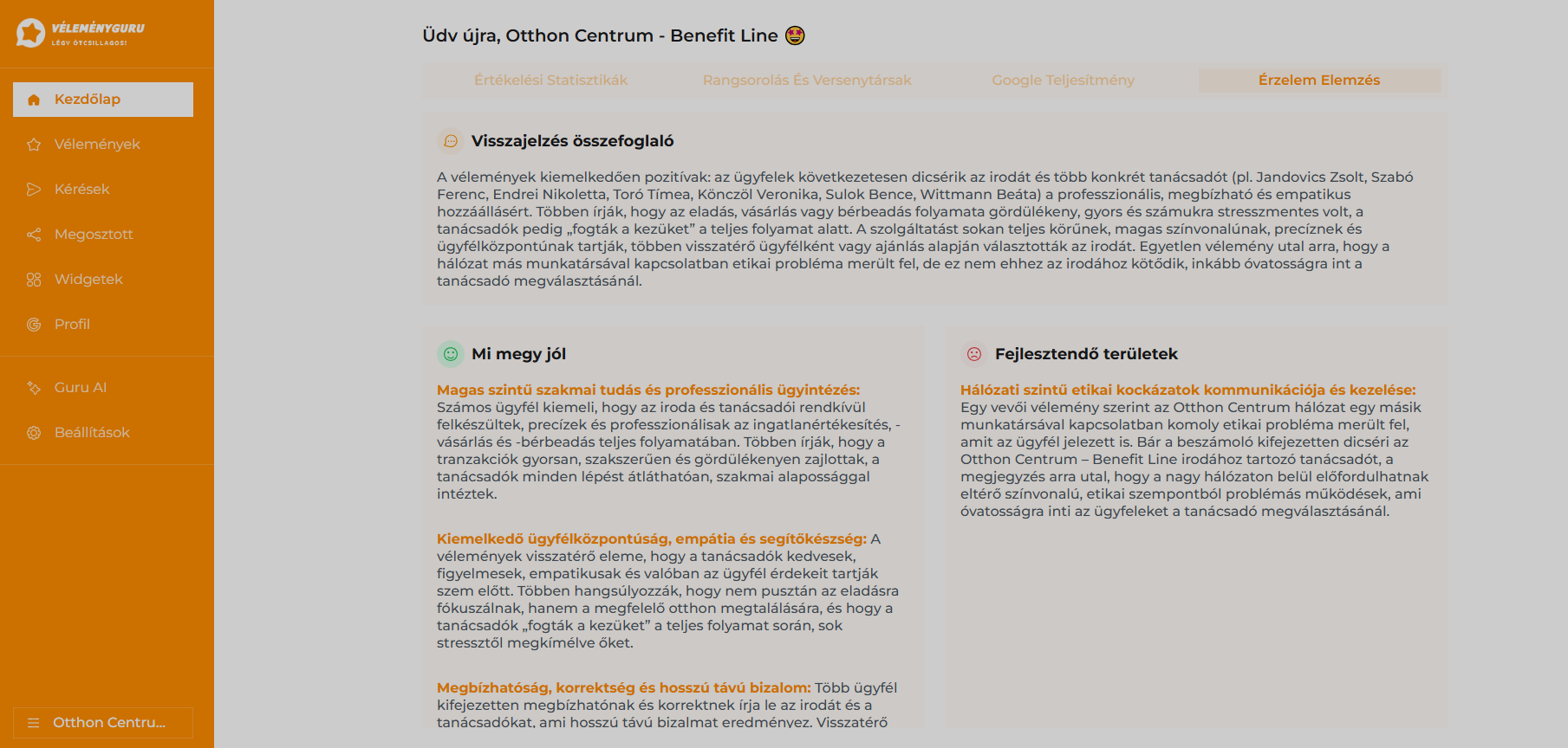 VéleményGuru platform érzelem elemzési felület ingatlanirodának