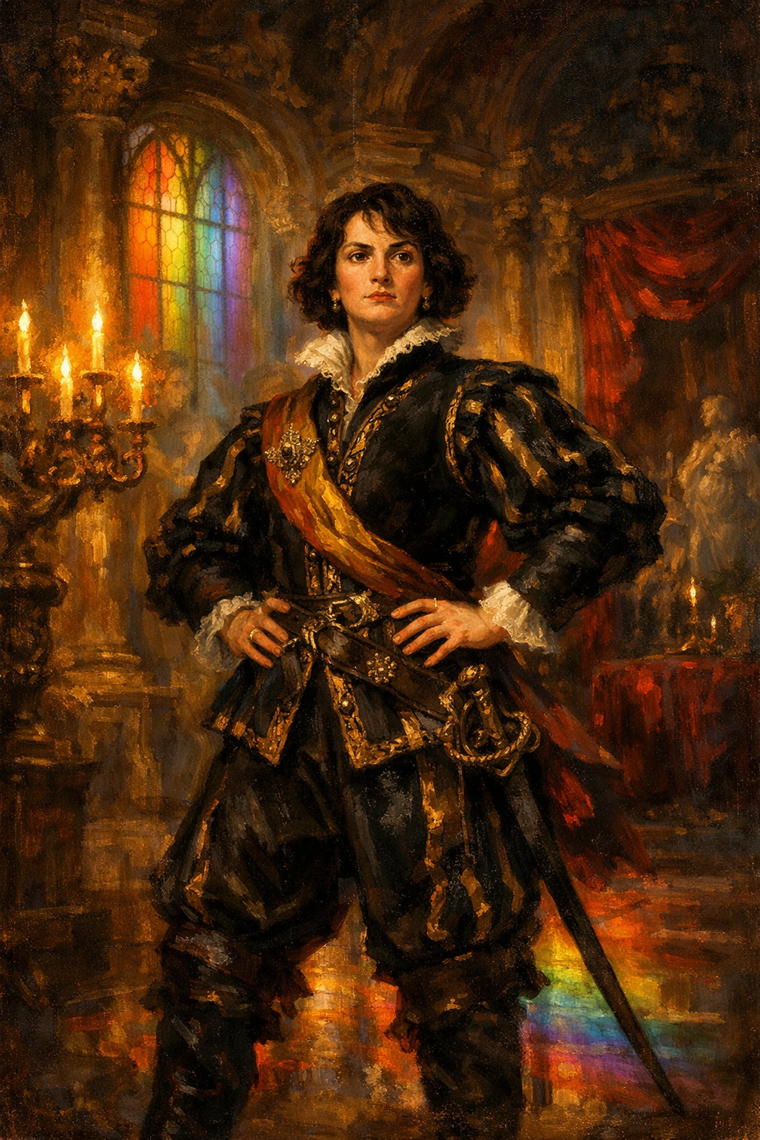 Queen Christina of Sweden in masculine attire standing defiantly in palace hall