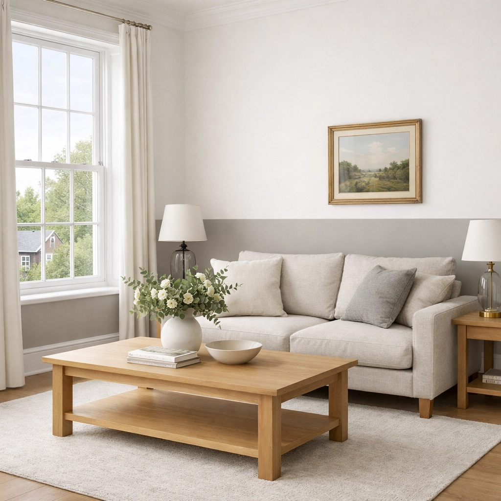 Professional two-tone wall paint in a bright Cheltenham living room with stone-grey and white.