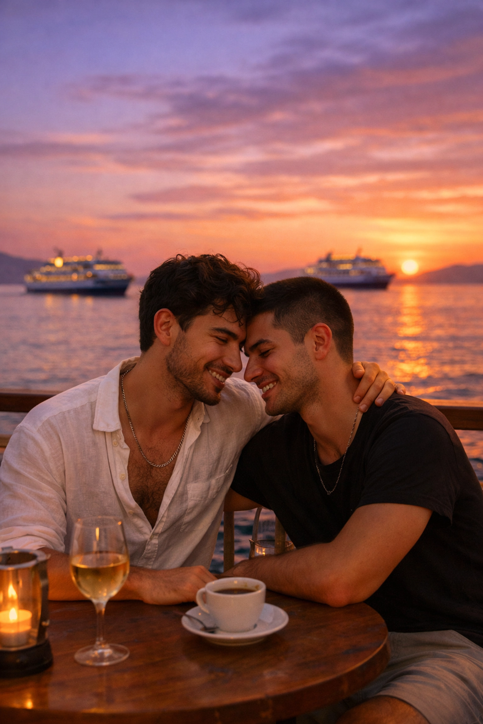 Greek and Albanian gay couple enjoying romantic moment at seaside café