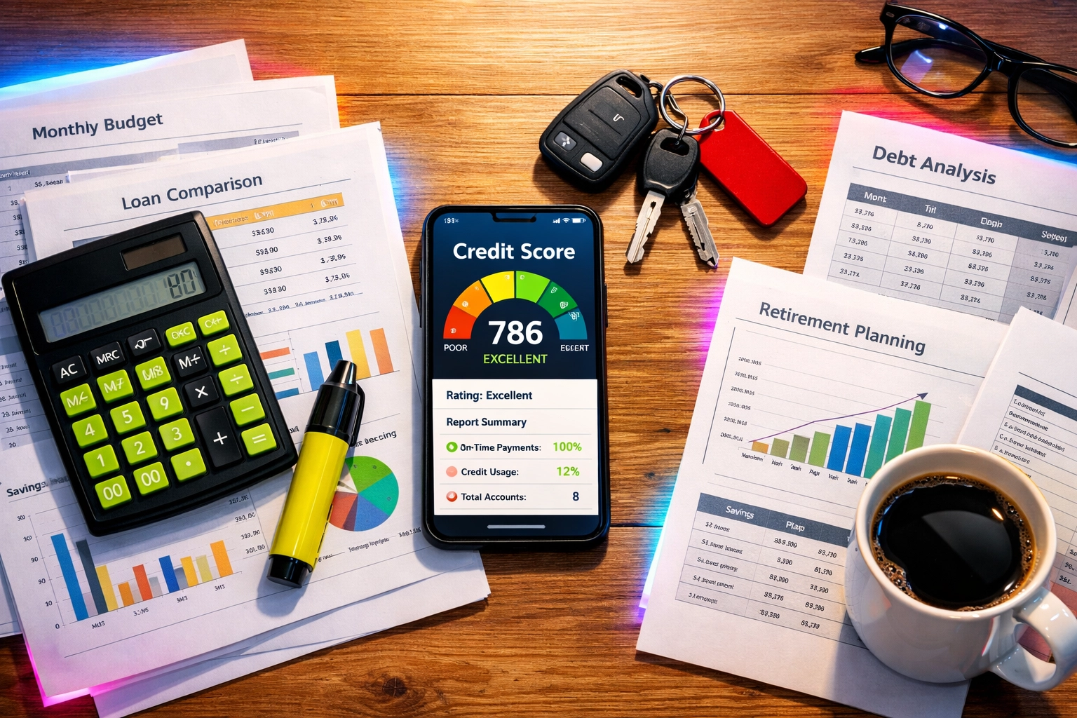 Organized financial documents and credit report for bad credit car loan approval in Arnold