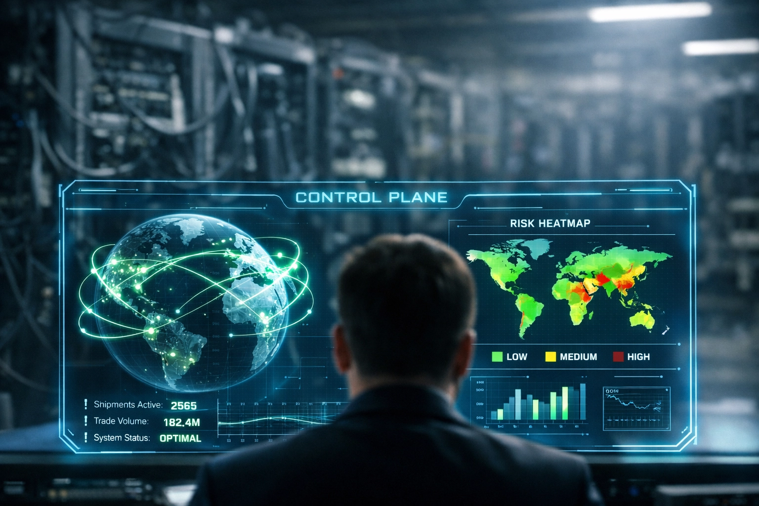 Modern holographic AI control plane interface displayed in front of outdated legacy banking infrastructure.