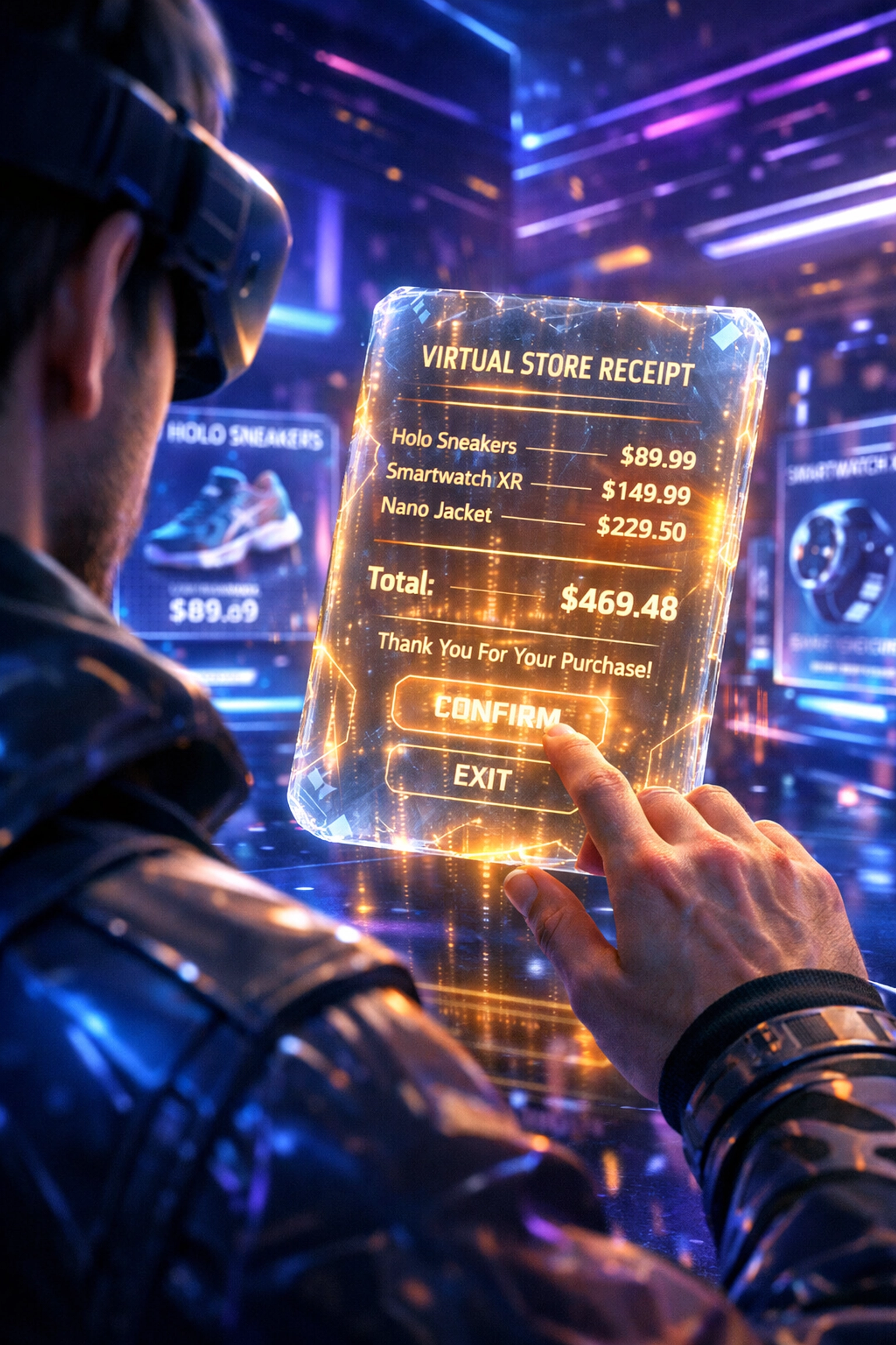 A holographic NFT receipt in a metaverse shopping interface for secure and efficient crypto transactions.