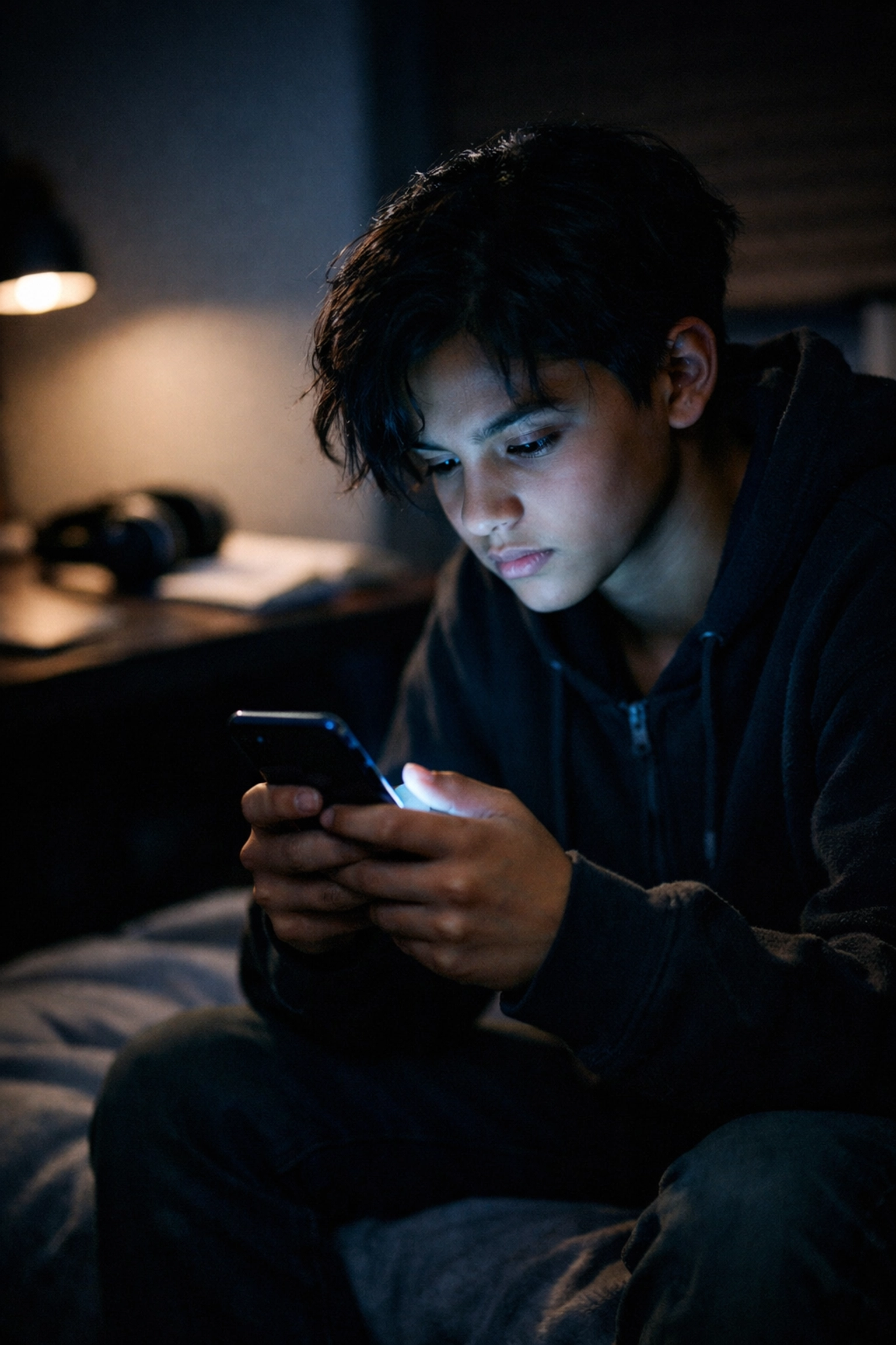 Teenager scrolling on a phone in a dark room, showing signs of SNS addiction and teen depression.