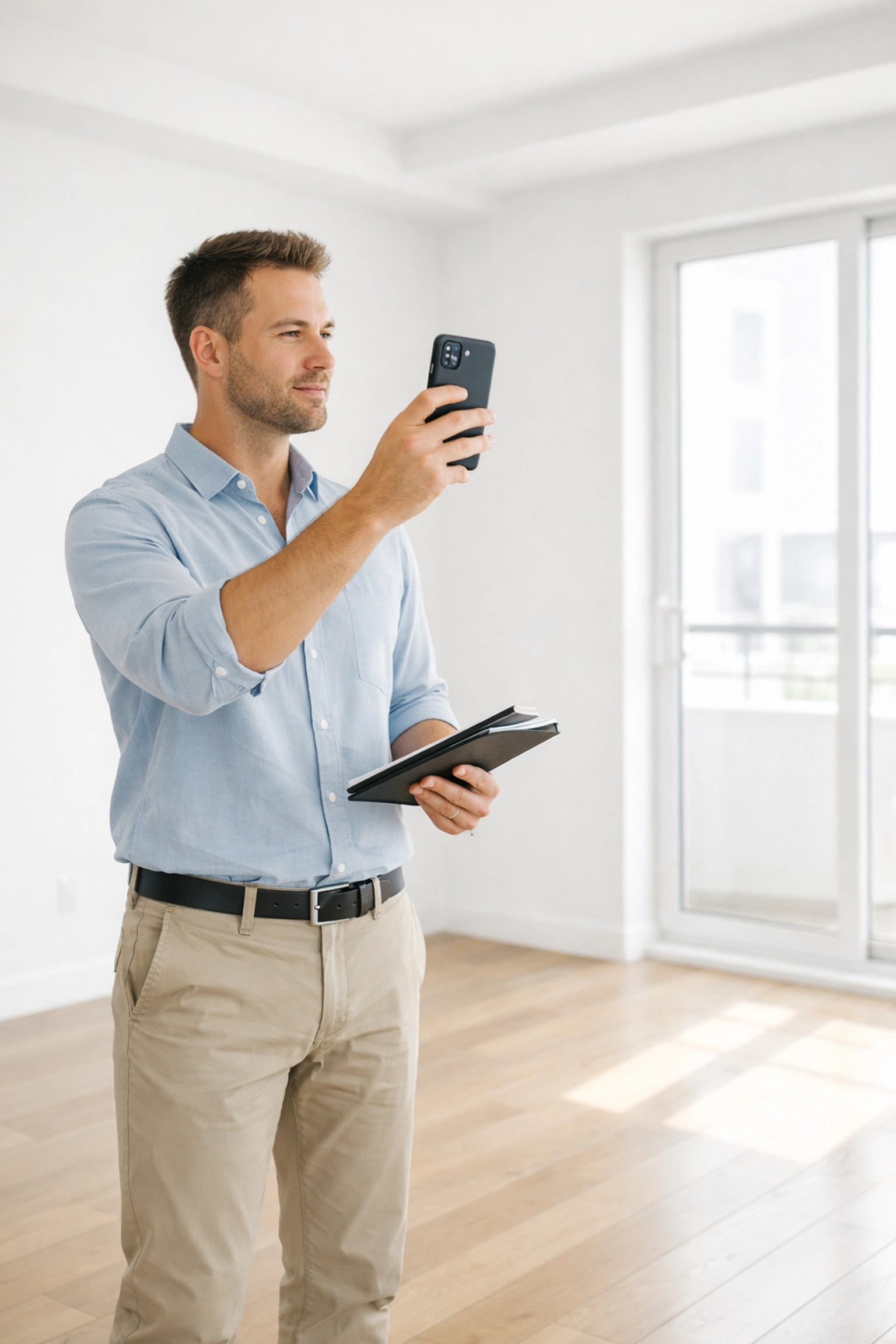 Property manager inspecting empty apartment unit with smartphone during turnover process