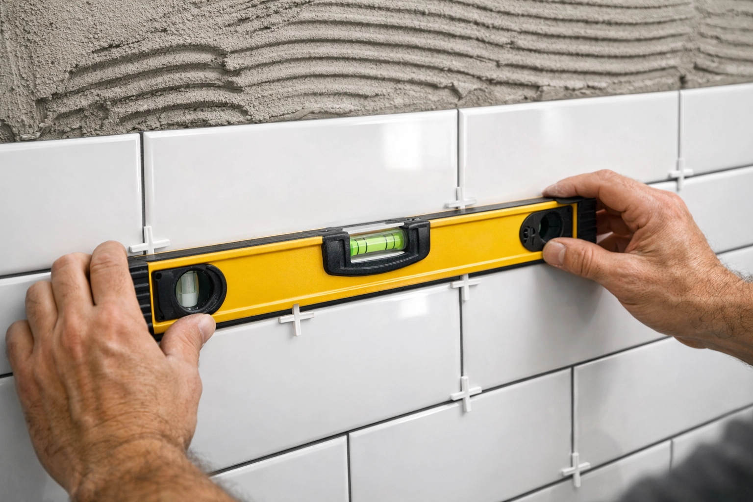 Expert bathroom remodeling contractor in Philadelphia precisely installing white subway wall tiles.