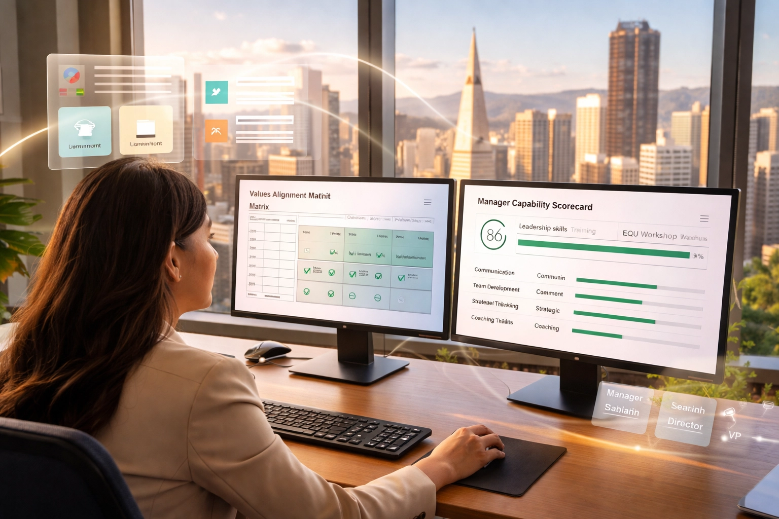 Executive reviews a leadership development dashboard at her desk, San Francisco skyline behind her, highlighting strong company culture.