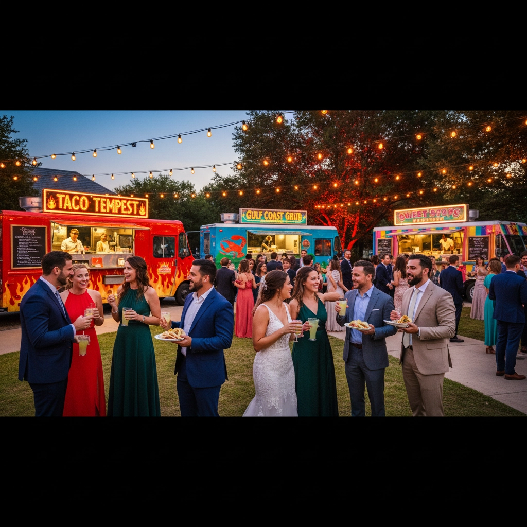People in formal wear enjoy food and drinks near colorful food trucks. Festive atmosphere with string lights and evening sky in background.