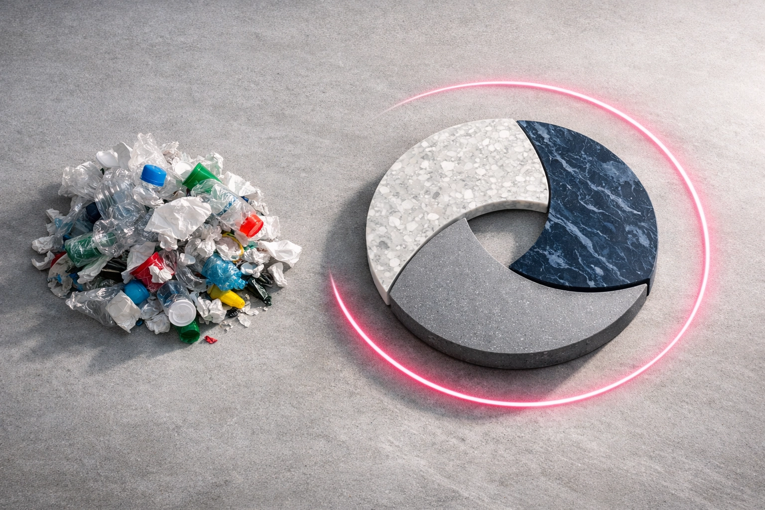 Circular construction model showing raw waste transformed into high-quality recycled plastic building tiles.