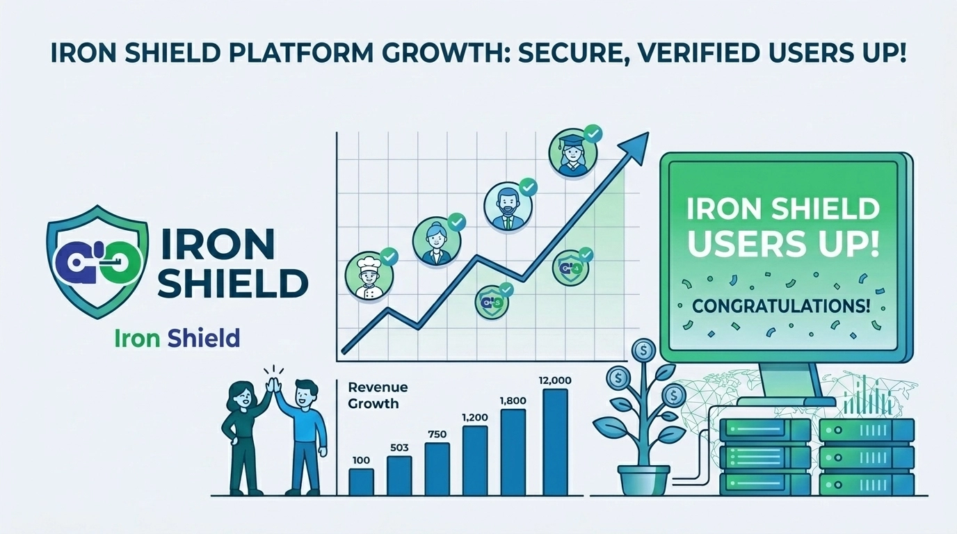 A celebratory digital vector illustration of a small business growing with a graph showing an upward trend of verified users, designed in Authyo’s clean blue-and-green brand style aligned with the official Iron Shield logo branding.