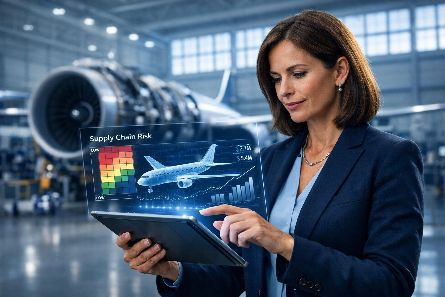 Strategic finance professional monitoring aerospace supply chain risks and production efficiency on a digital tablet.