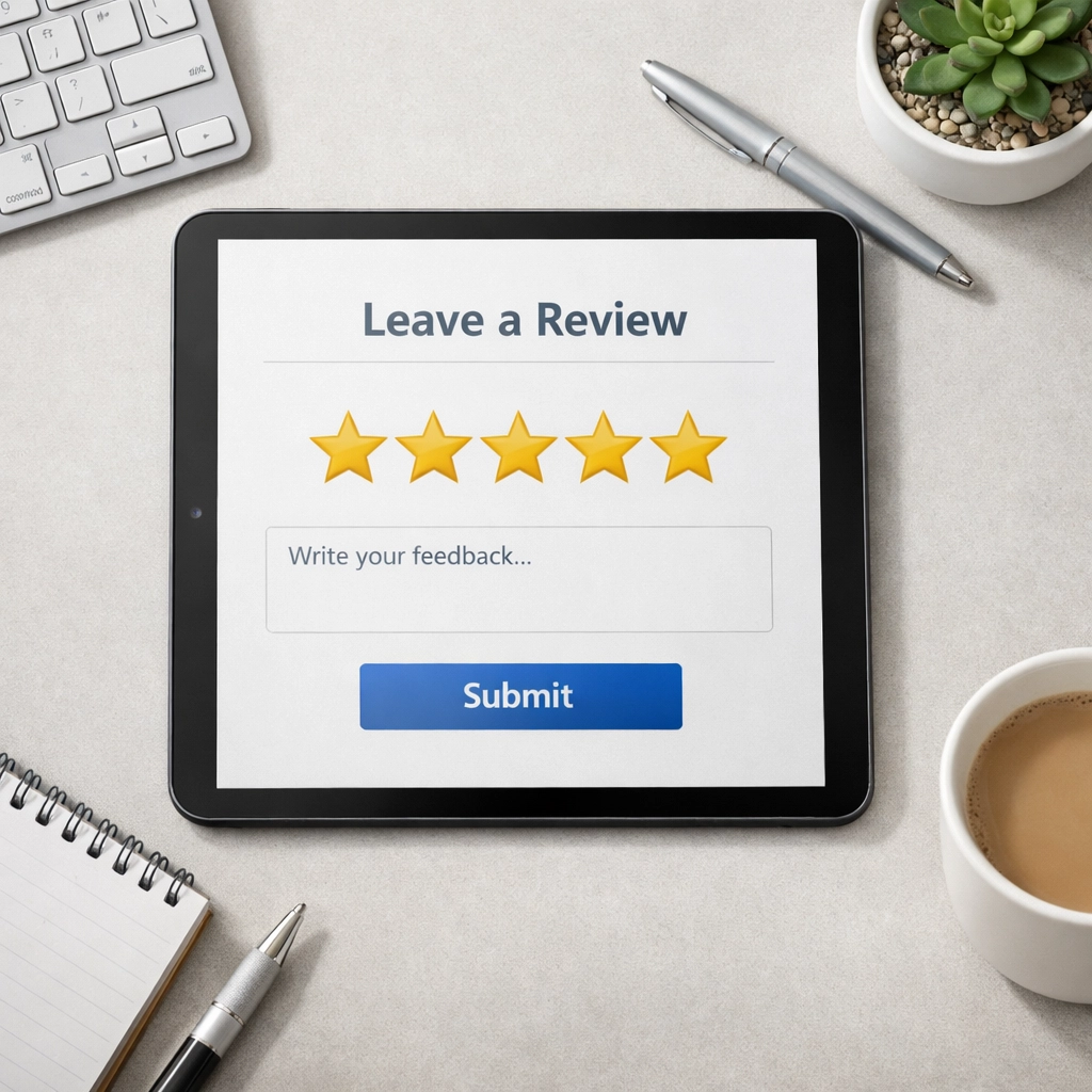 Five-star patient reviews displayed on tablet for physical therapy clinic