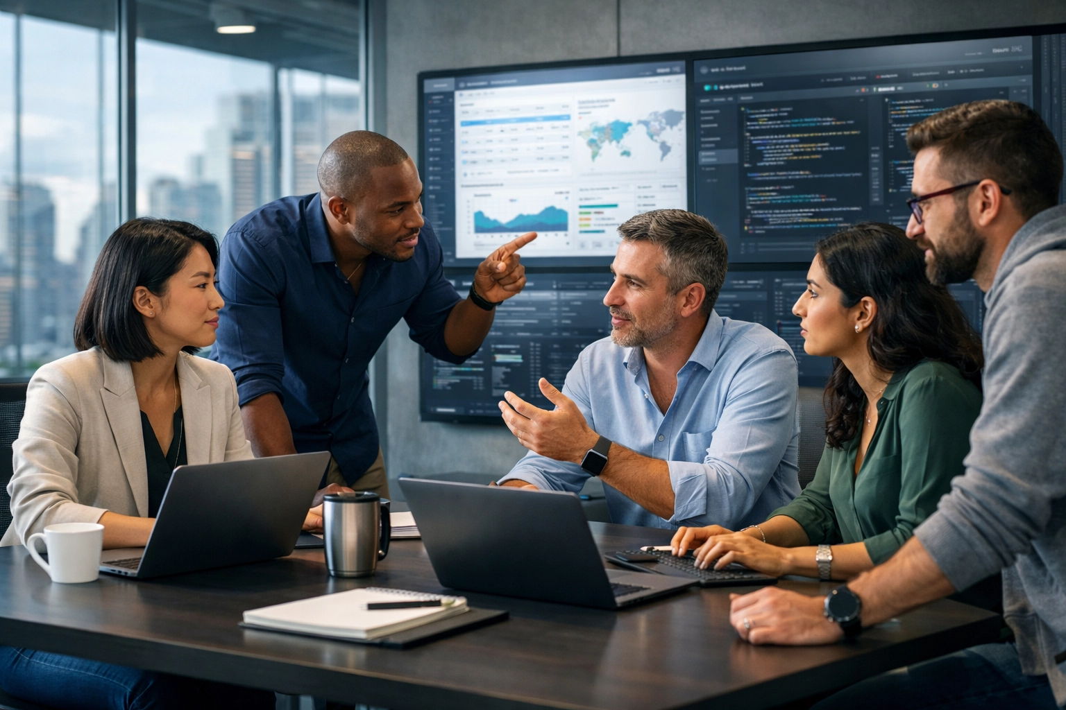Professional global tech team collaborating in a sleek 2026 office environment on enterprise software solutions.