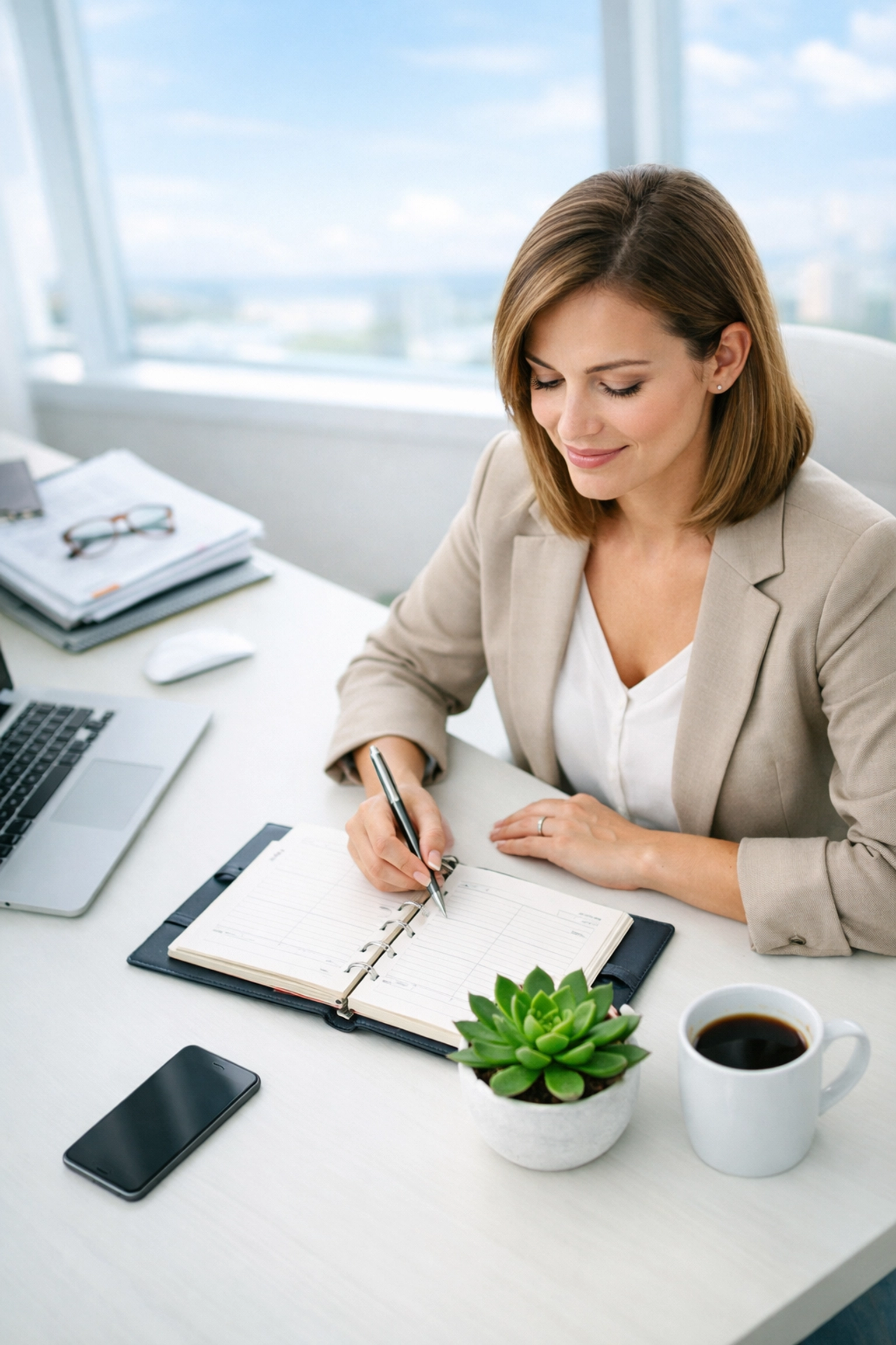 A professional woman at a minimalist desk in a bright Barrie office starting her productive Monday reset.