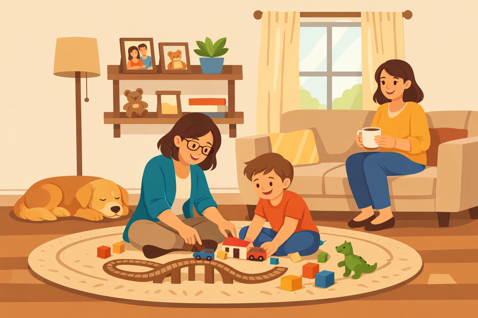 In-home ABA therapy session with therapist, child, and parent in living room