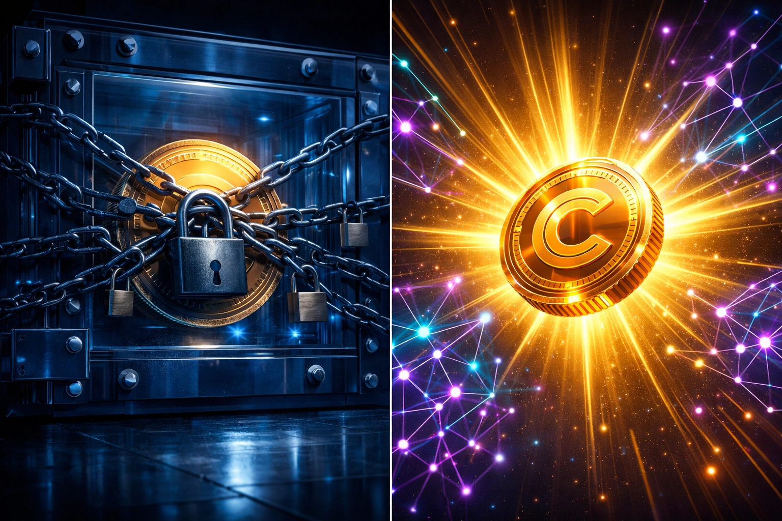 Centralized vs self-custody crypto payments showing locked funds versus instant blockchain access