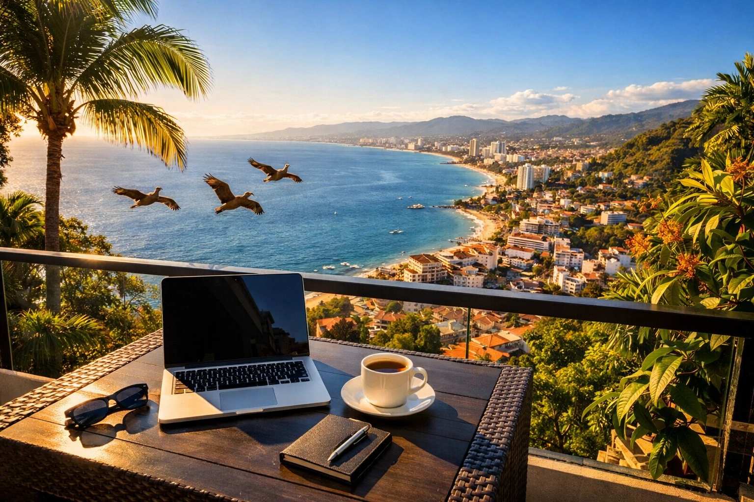 Amapas hillside condo view overlooking Banderas Bay with remote work setup