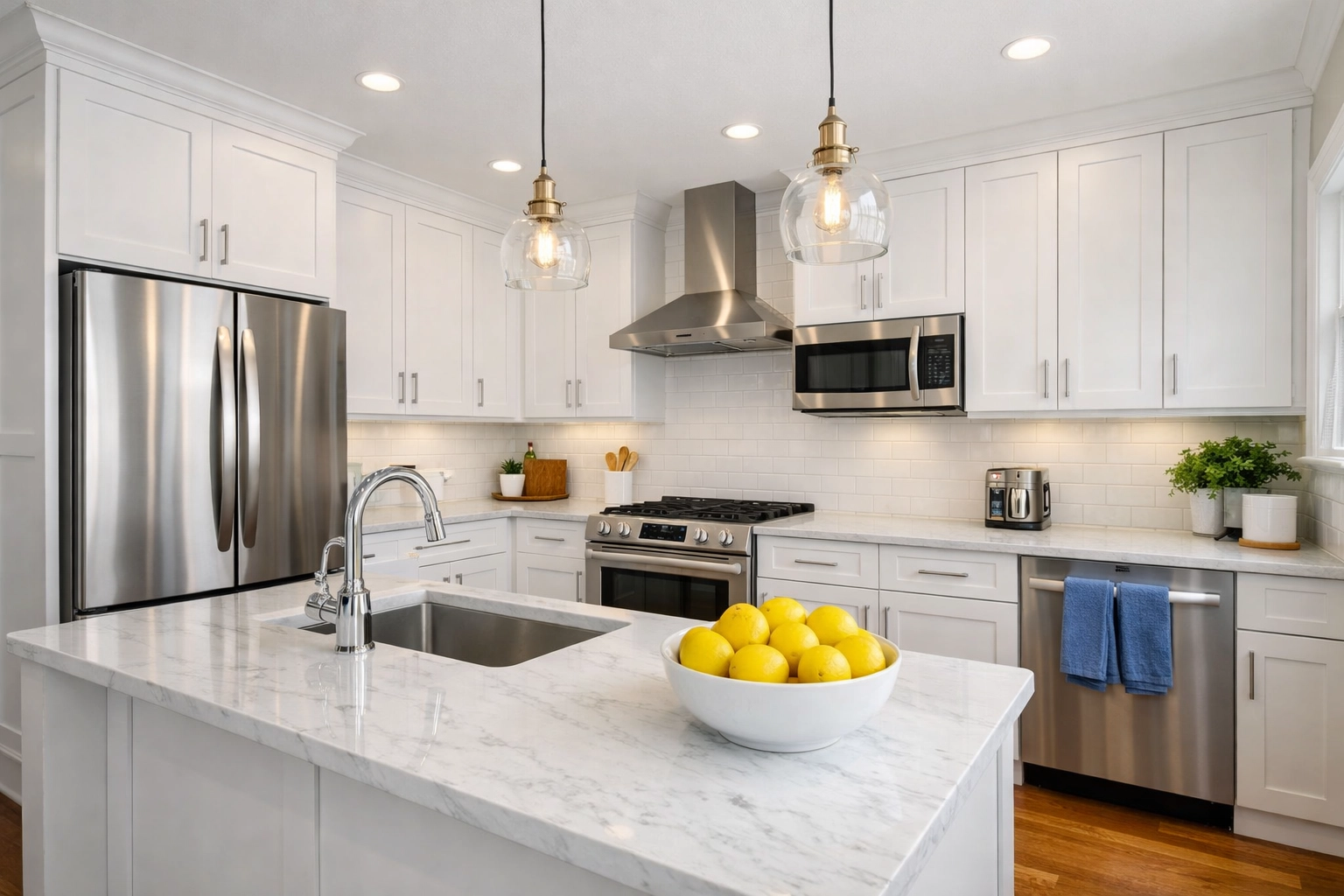 Professional deep cleaning Cambridge in a high-end North Cambridge kitchen with marble countertops.
