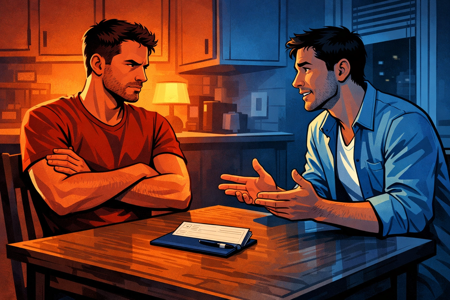 Gay romance couple at table navigating pride and money tensions in relationship