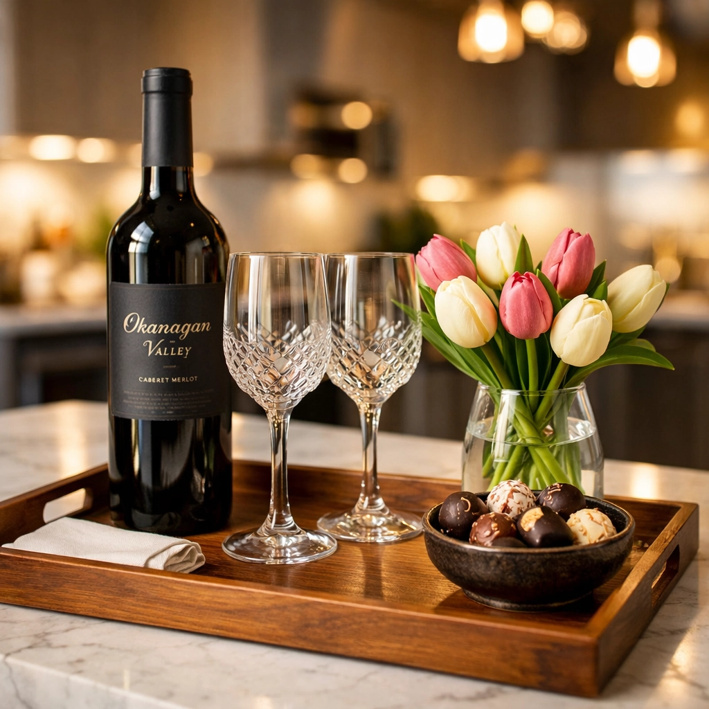 A premium guest welcome tray with local BC wine and flowers in a luxury Vancouver Airbnb kitchen.