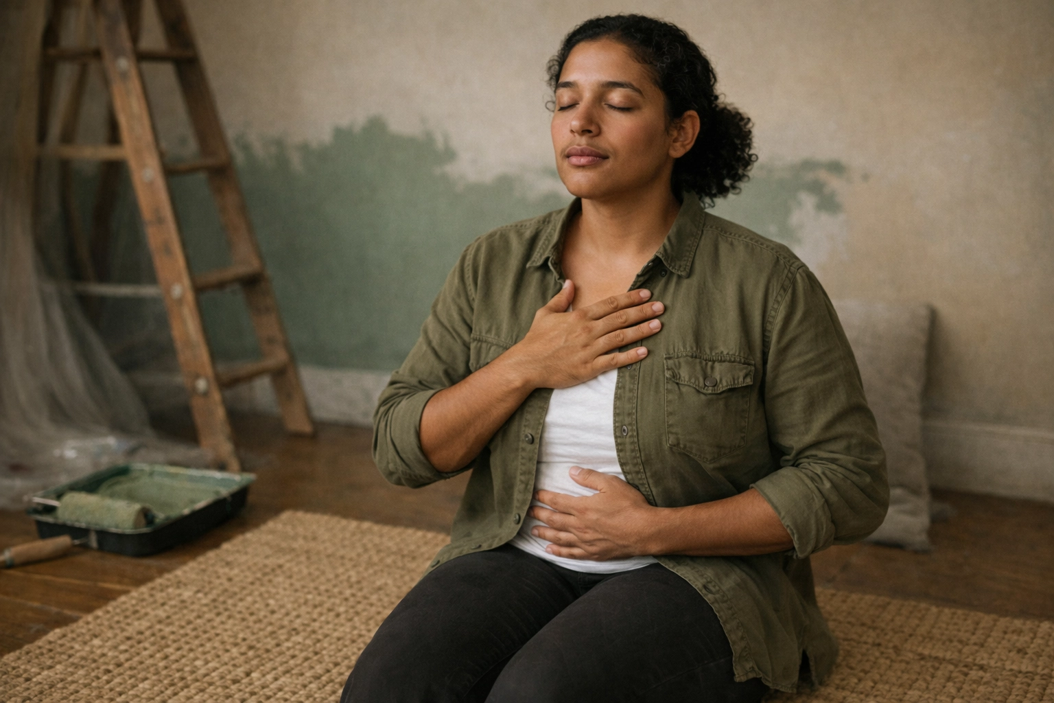Woman of color practicing a grounding breathing technique to manage anxiety and depression symptoms.