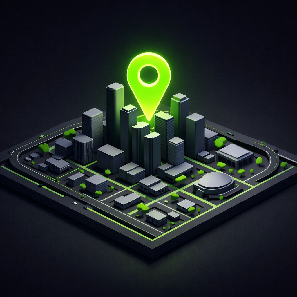 Neon green location pin over a stylized Houston city grid for premium towing directory placement.