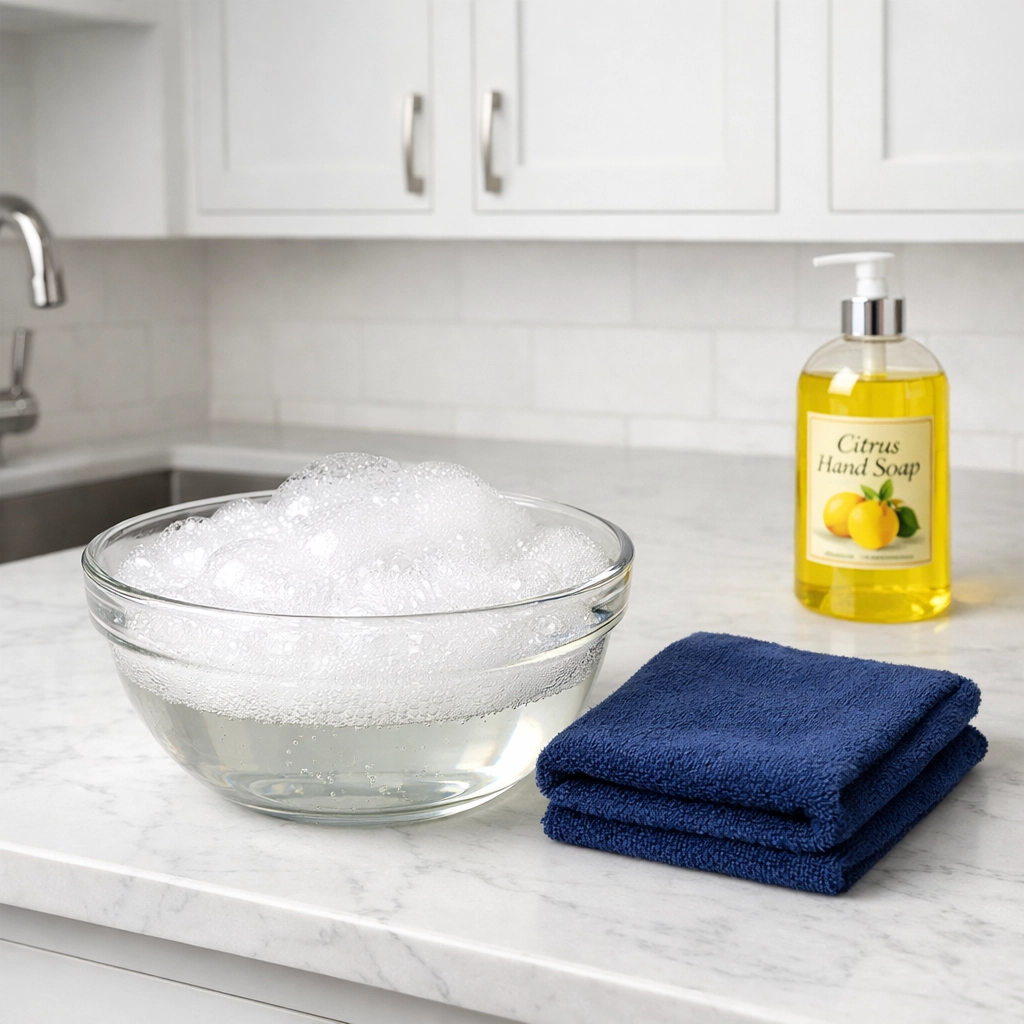 A bowl of soapy water and a microfiber cloth on a marble counter for cleaning wall smudges.