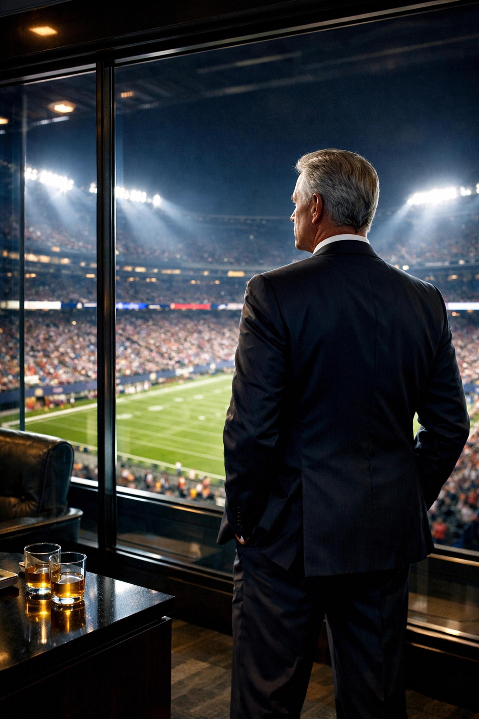 A corporate executive overlooking an illuminated football stadium from a luxury VIP suite.