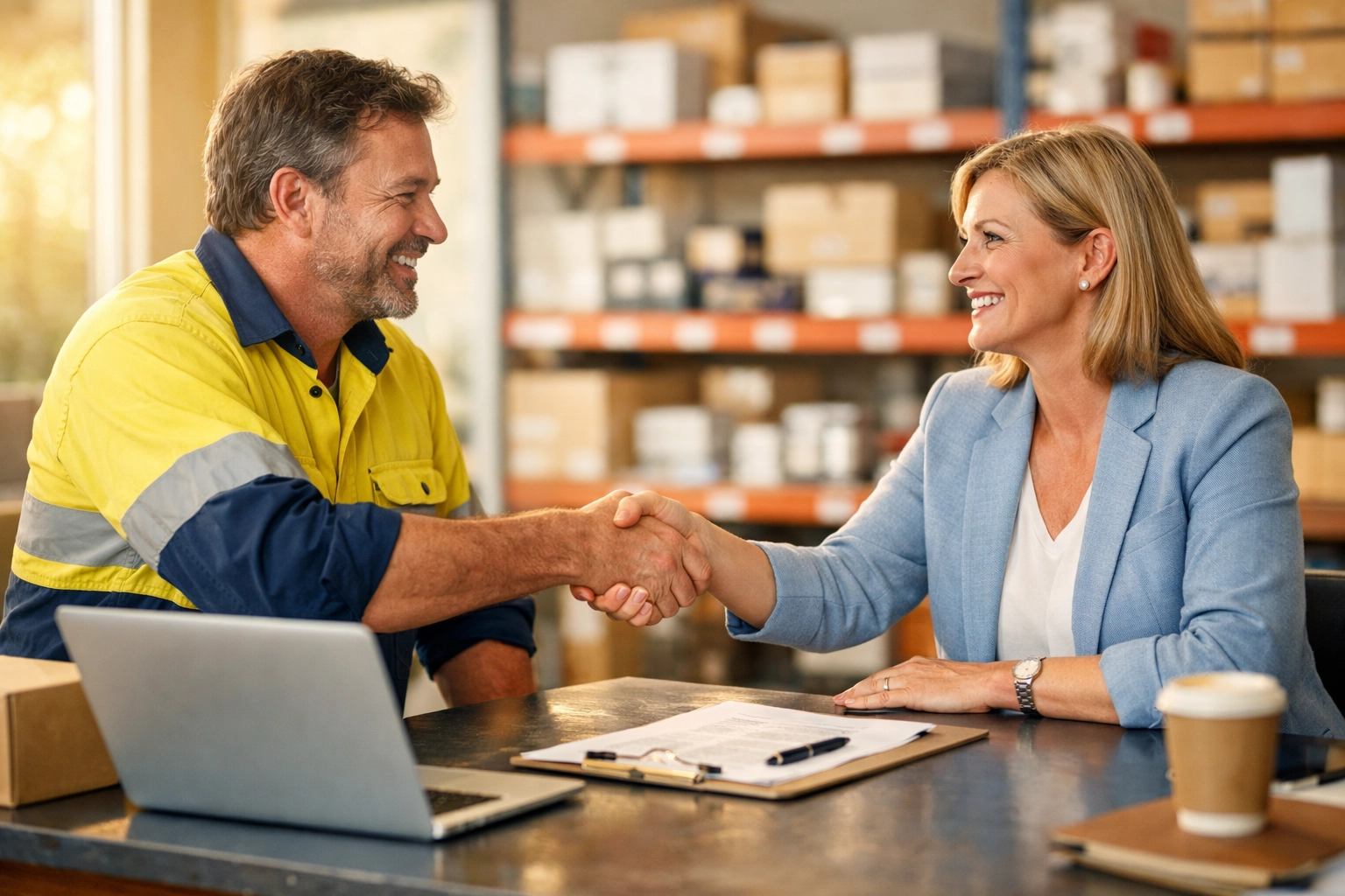 Australian business owners shaking hands in warehouse, building local wholesale supplier relationships
