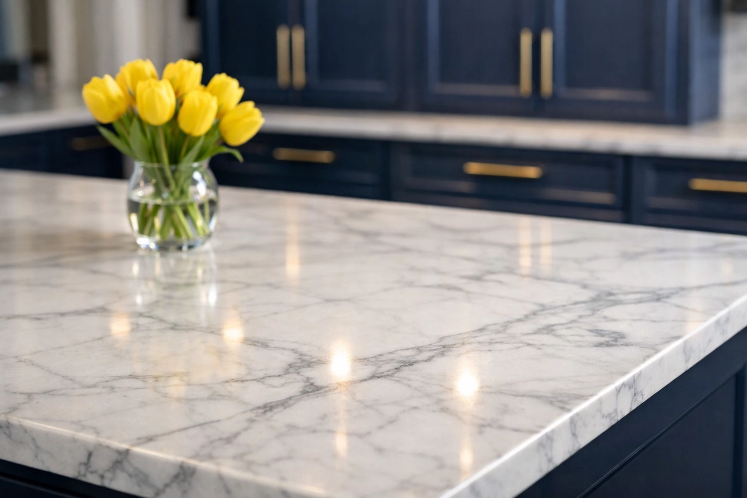Meticulous deep cleaning of marble countertops and navy cabinetry in a luxury estate kitchen.