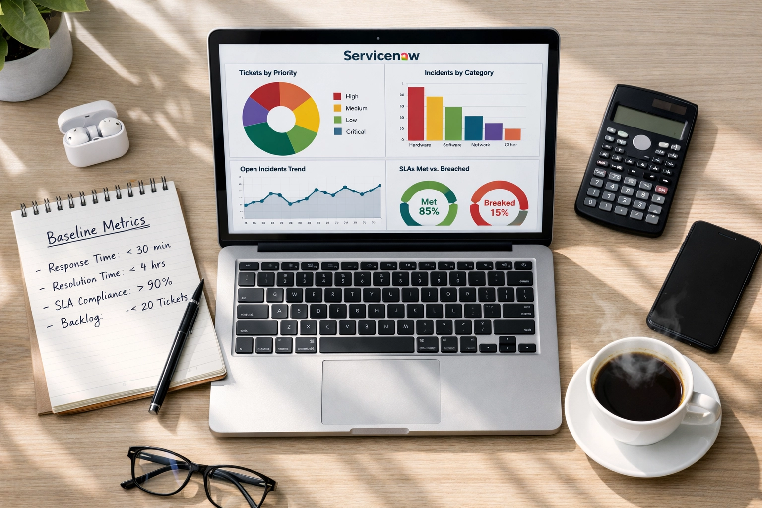 Workplace desk with laptop showing ServiceNow incident management analytics and ROI calculations