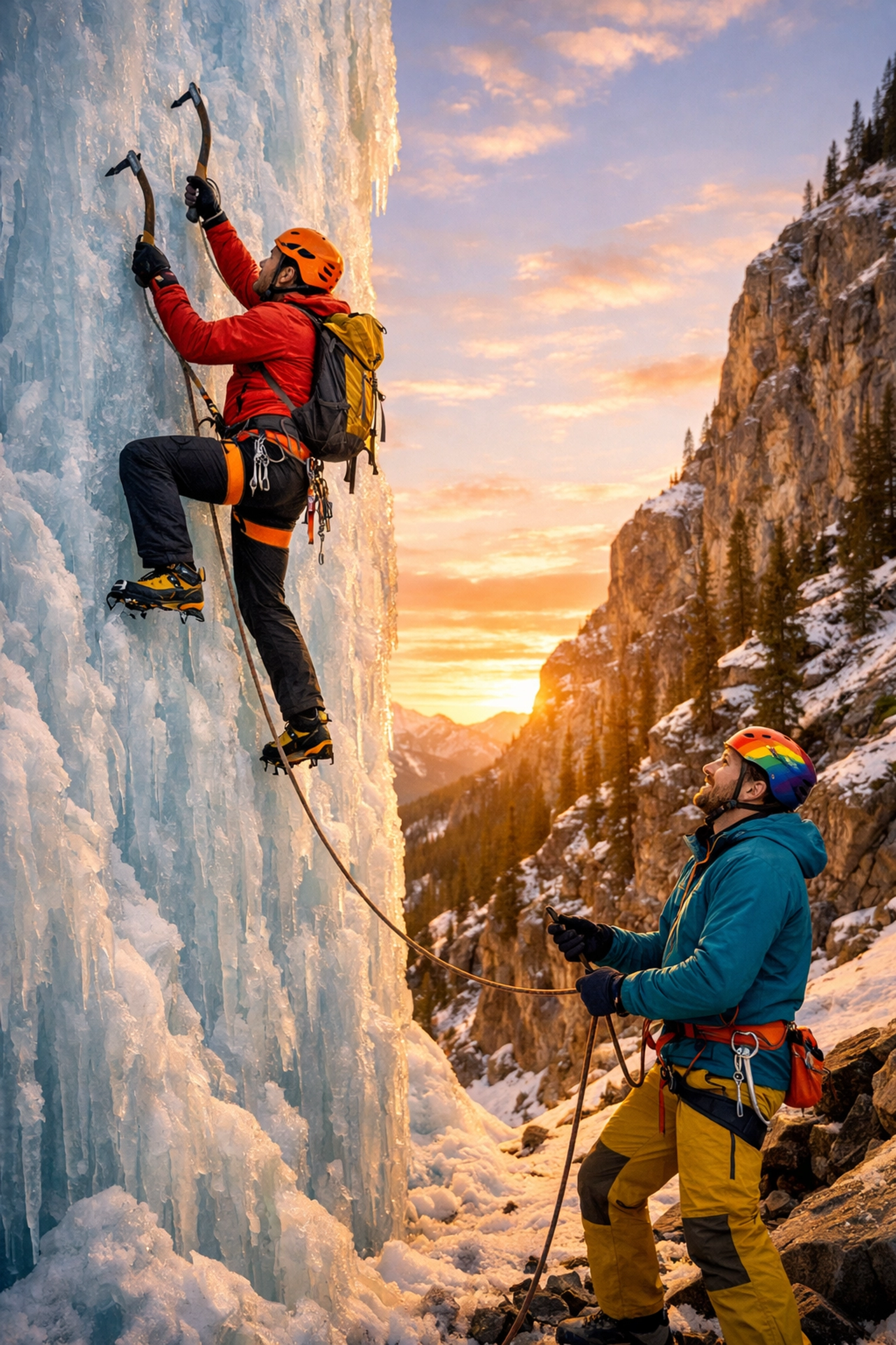 Two male ice climbers working together on frozen waterfall, one climbing and one belaying