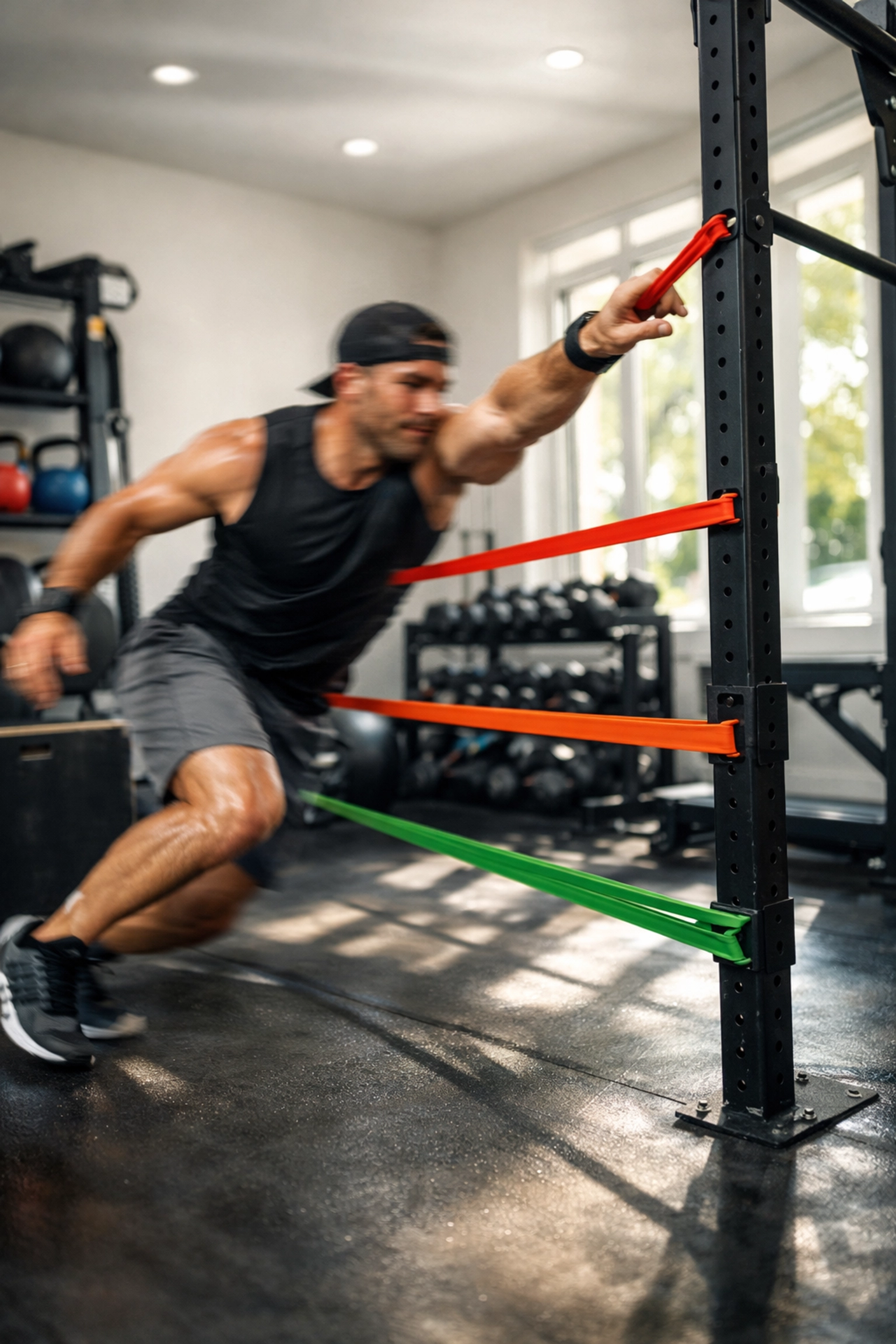 CrossFit athlete transitioning between exercises for a full body workout at home using resistance bands.