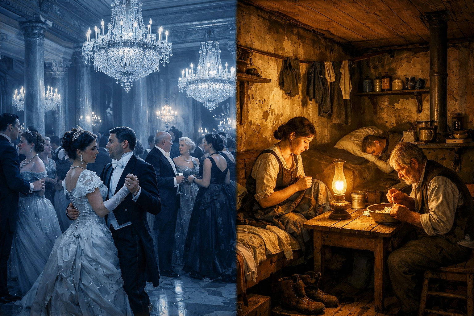 Gilded Age class divide: opulent mansion ballroom versus cramped servant quarters in 1890s New York
