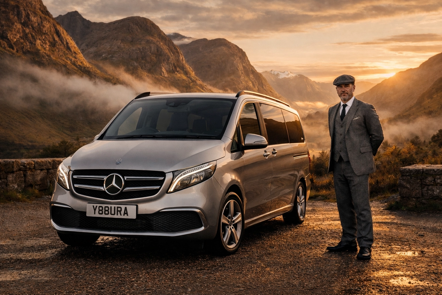 Luxury Mercedes-Benz V-Class and chauffeur in Glencoe for a private Scottish tour from Edinburgh.