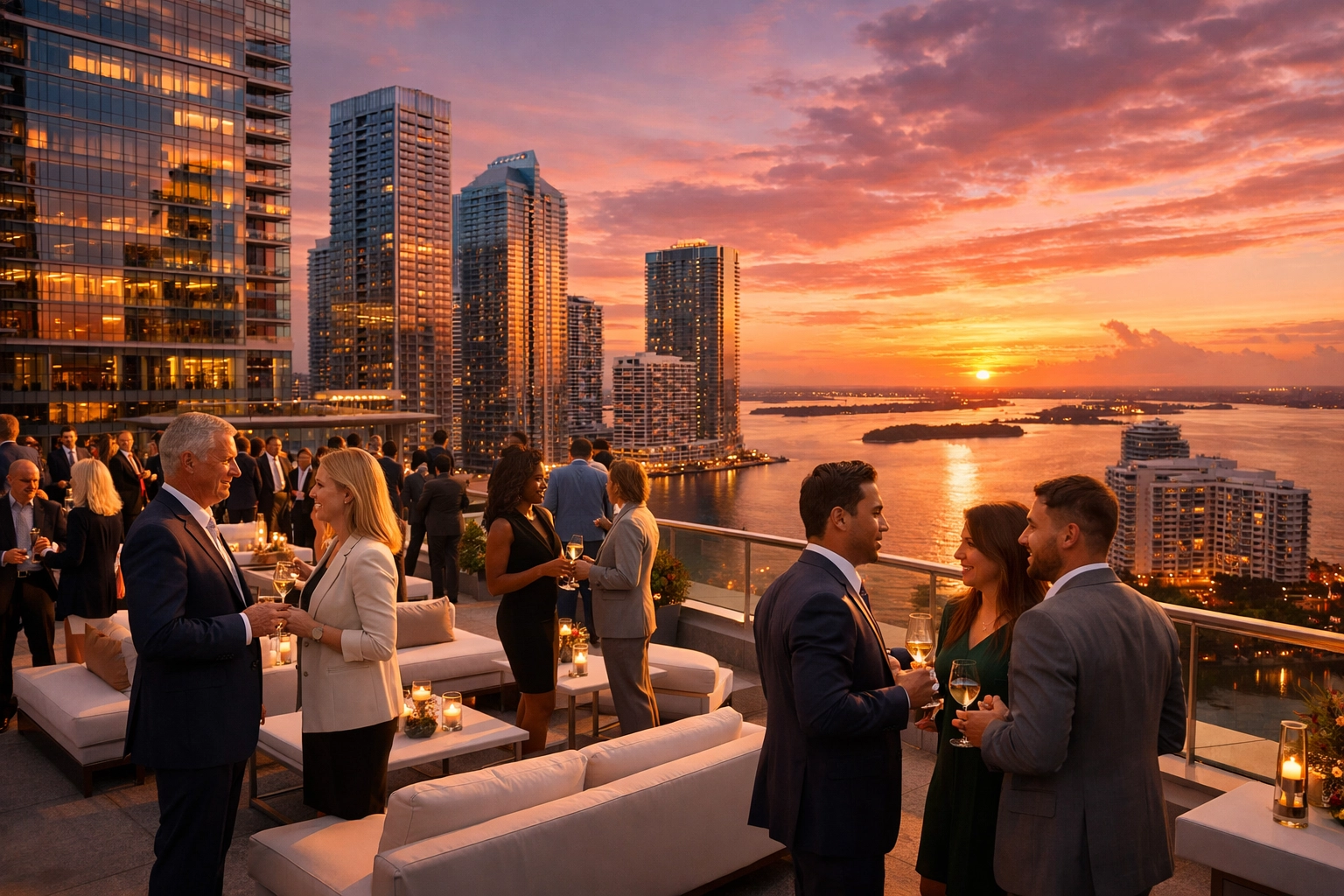 Corporate event photography in Miami featuring a sunset rooftop networking reception in Brickell.