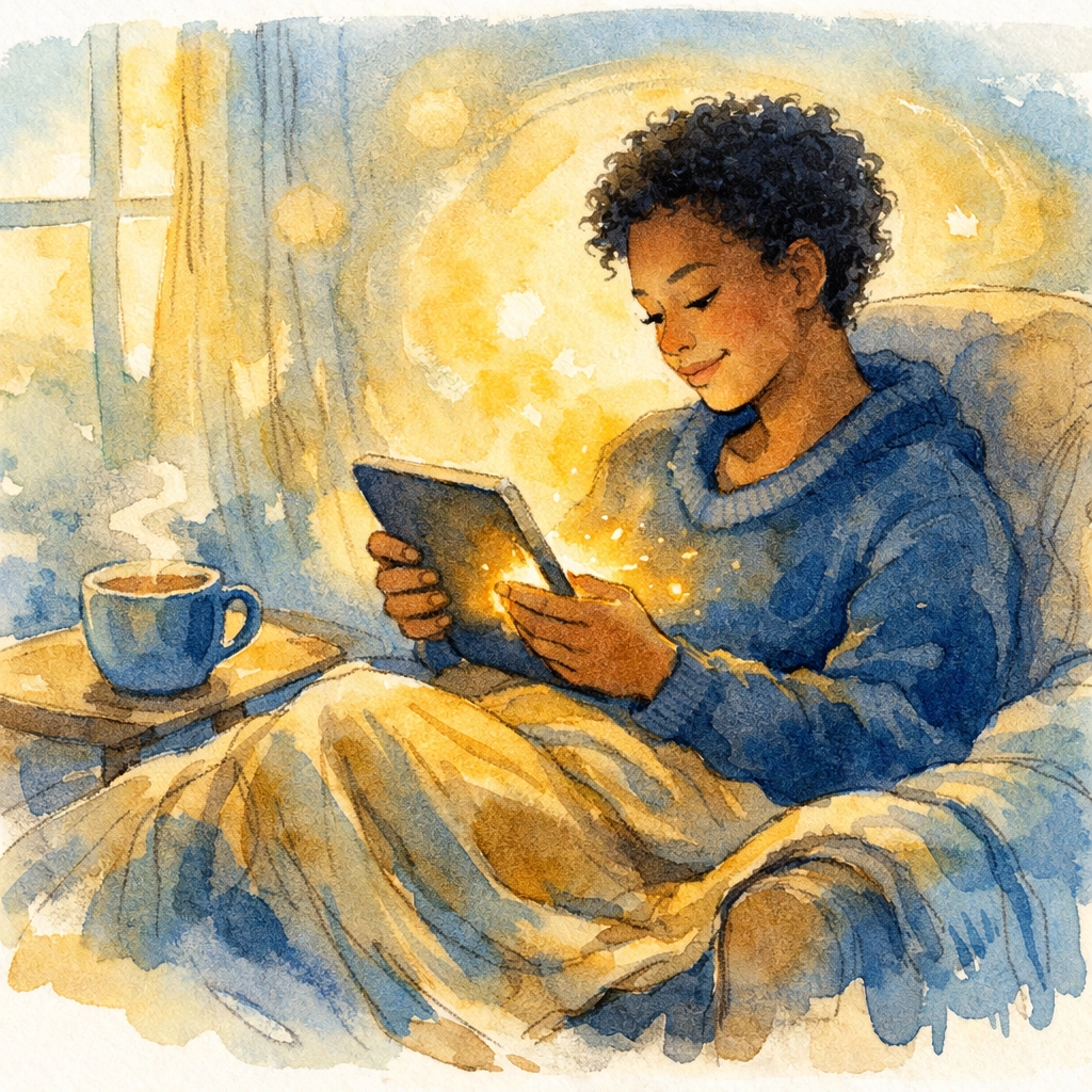 Person peacefully using tablet for digital worship and online church resources