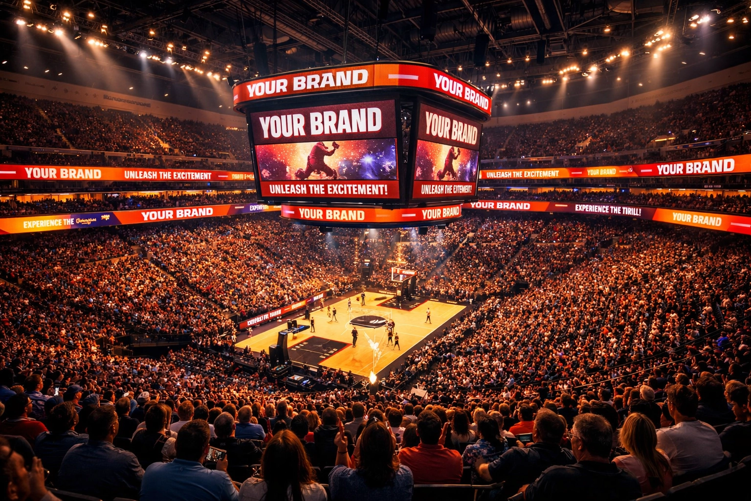Sports stadium interior with LED scoreboards and digital signage displaying coordinated brand content