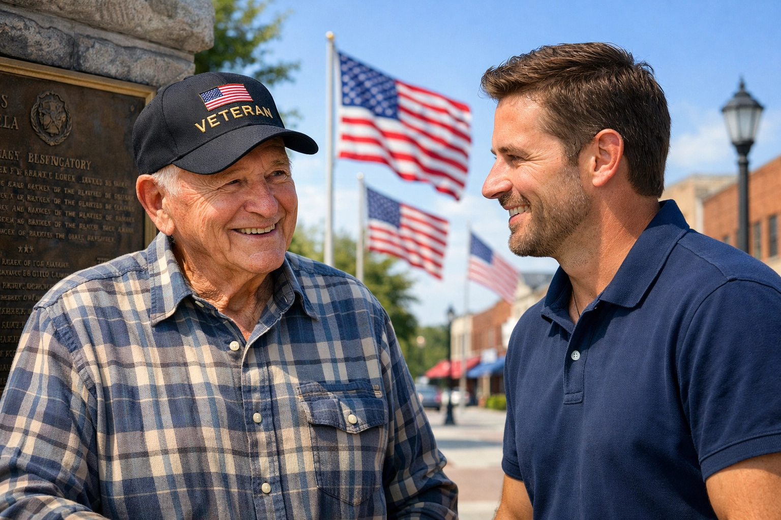 A veteran and young man discussing civic leadership and unity near American flags in a town square.