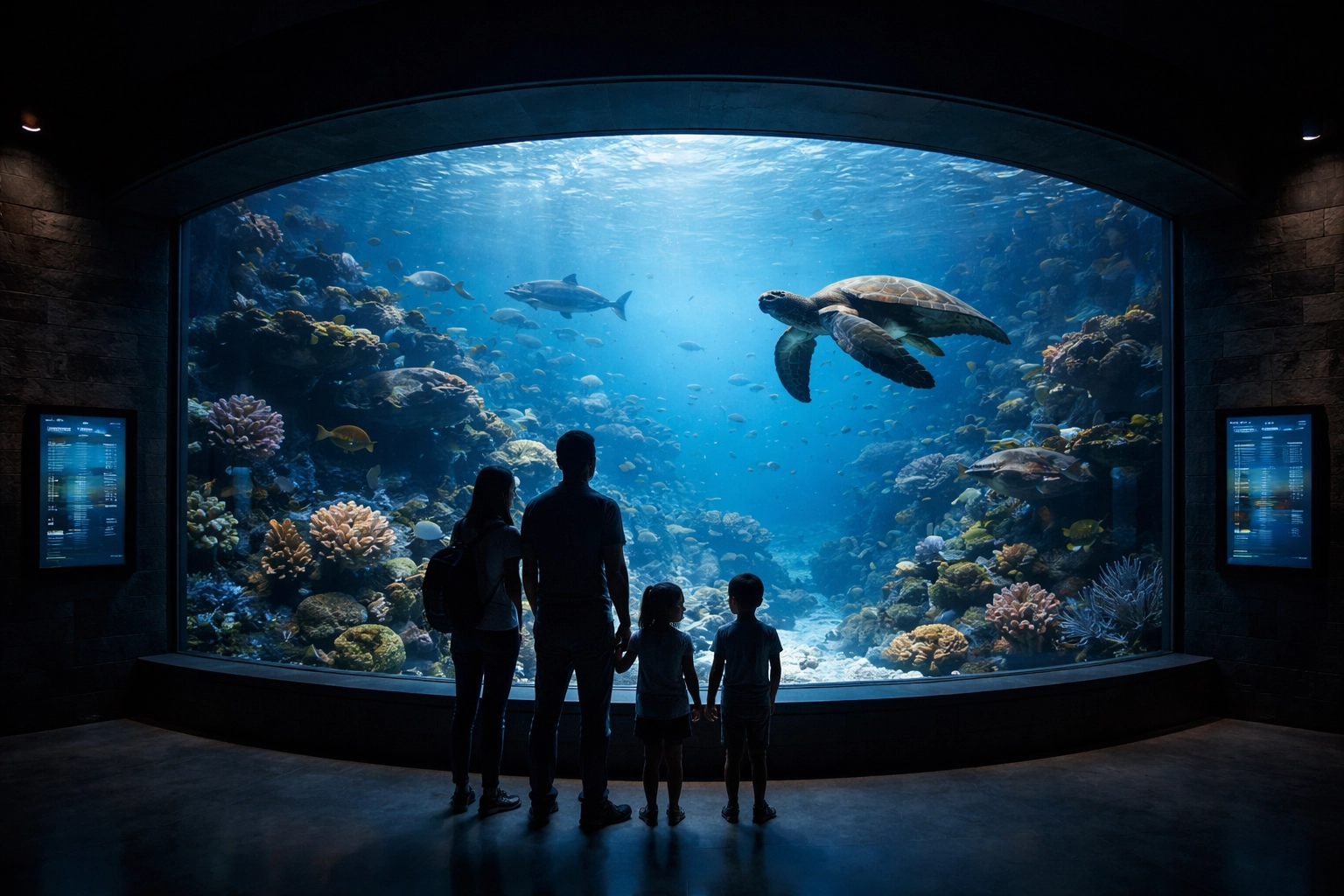 Visitors and families at a modern aquarium engage with digital displays while watching sea turtles and coral habitats.