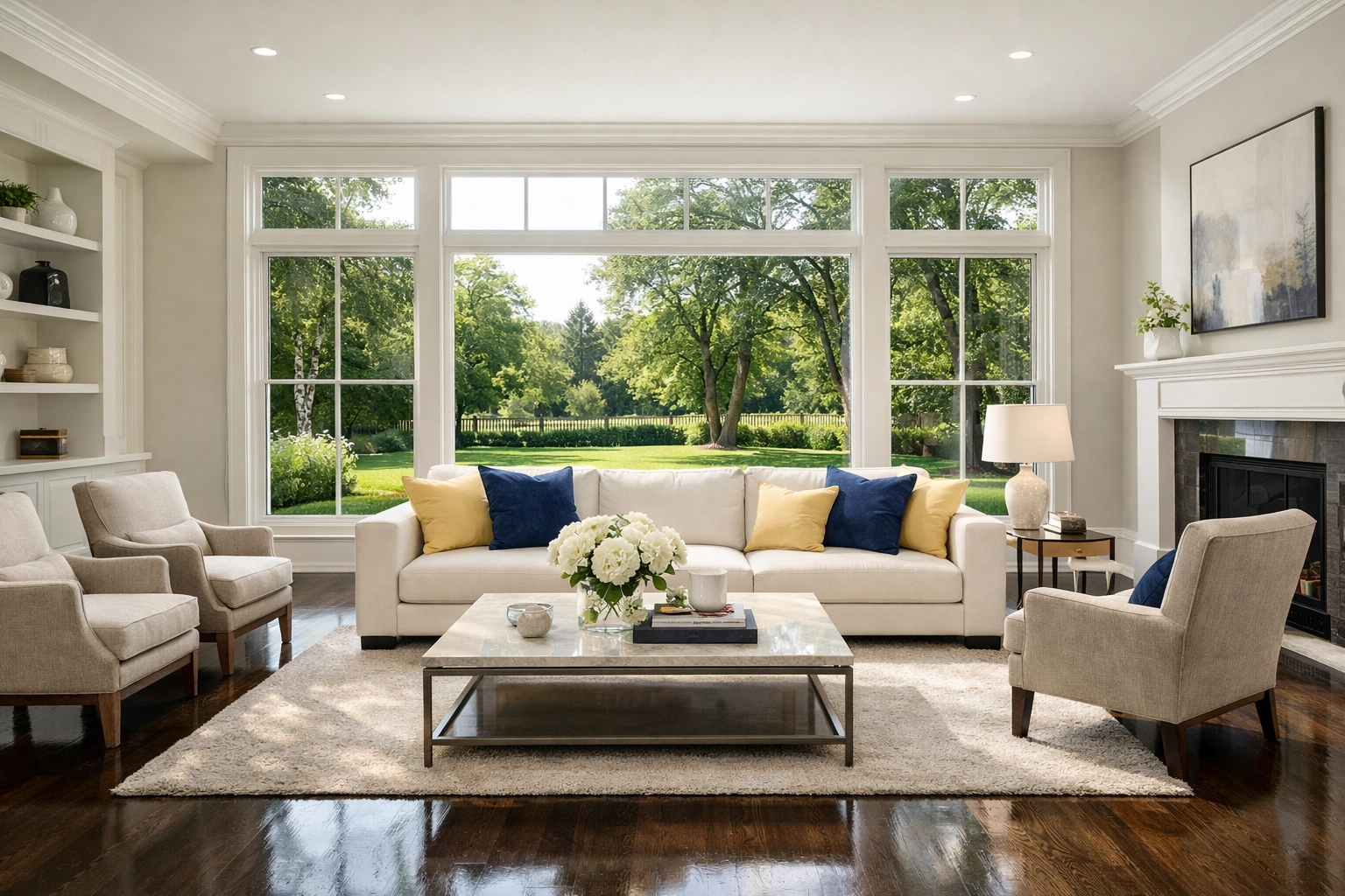 A sun-drenched living room in a Needham home maintained by professional cleaners Needham for a stress-free environment.
