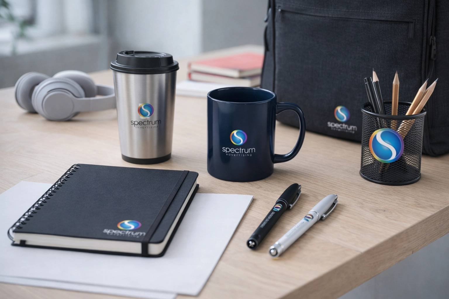 Modern workspace setup featuring branded essentials: a spiral notebook, journal, pen, and smartphone on a wood desk alongside a coffee cup, calculator, pencil holder, and small plant.