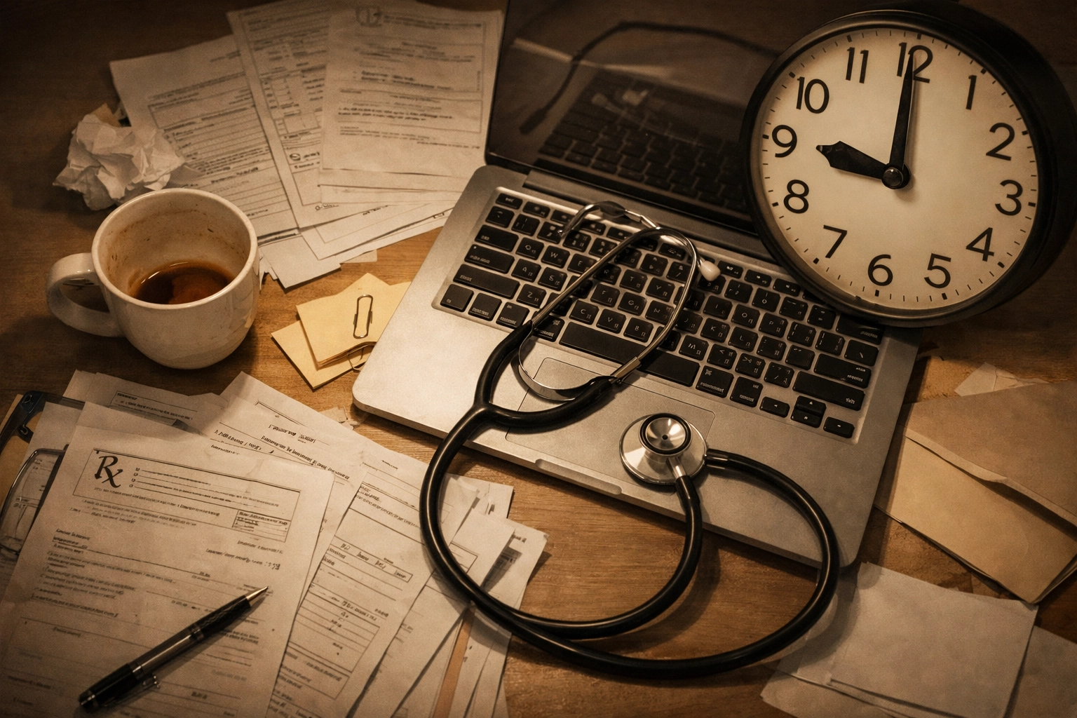 Overworked healthcare provider desk with late night coffee and scattered papers showing burnout