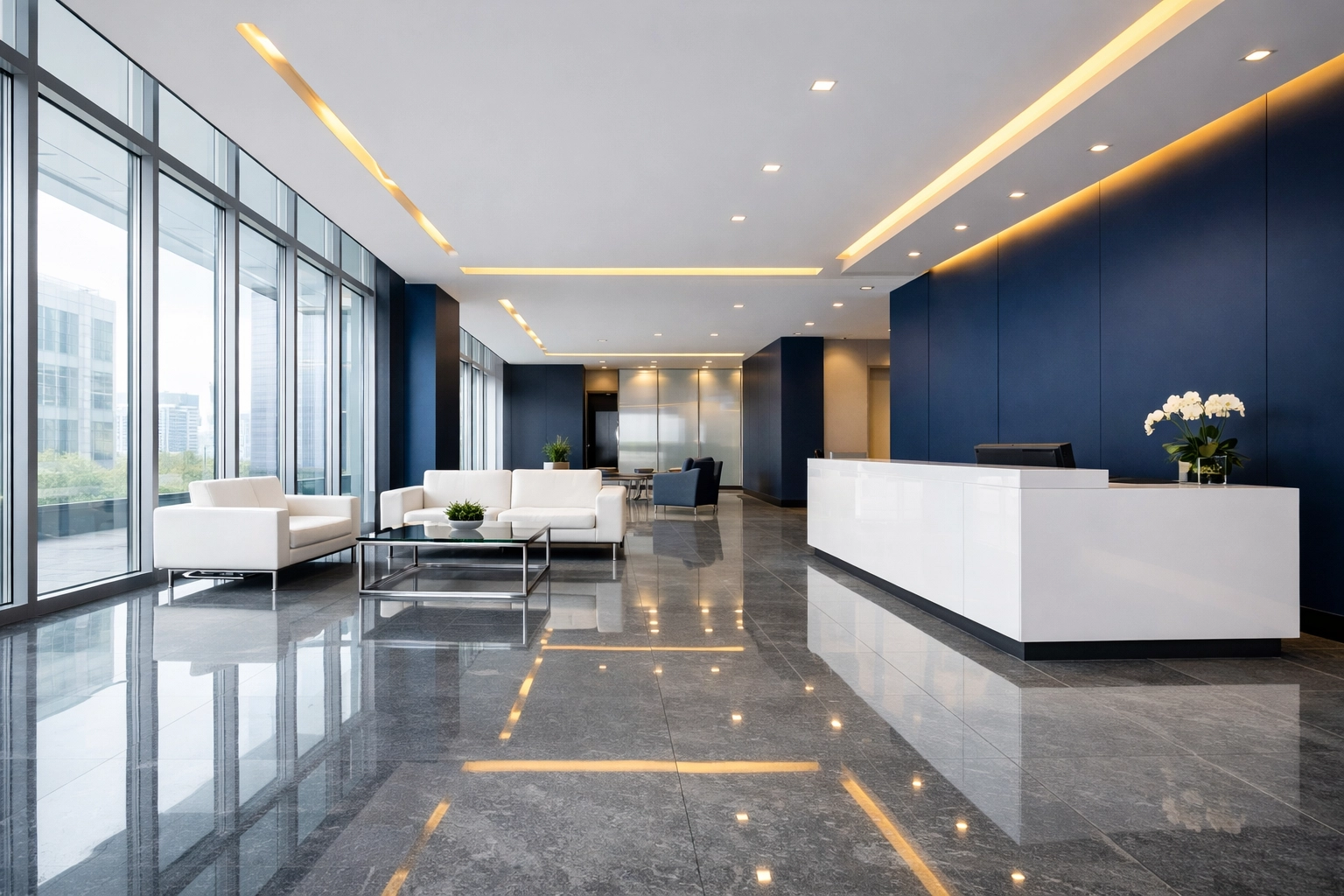 Pristine office lobby with polished floors showcasing professional commercial cleaning in Hudson MA.