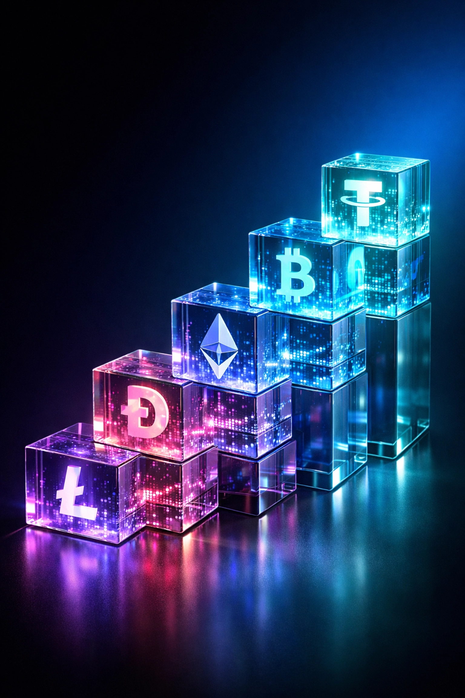 Transparent blockchain transaction blocks showing cryptocurrency payment growth and optimization